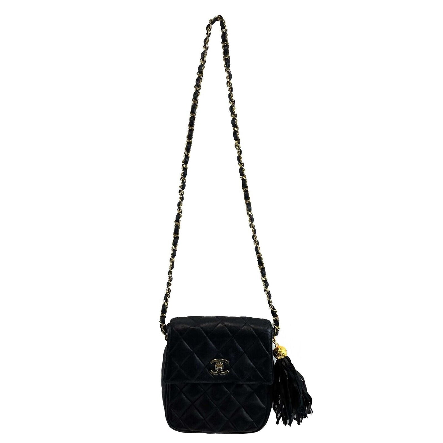 CHANEL Small Square New Leather   Gold CC Tassel Black Crossbody Handbag