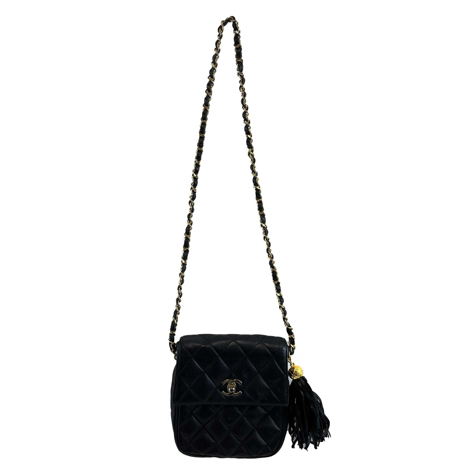 CHANEL Small Square New Leather   Gold CC Tassel Black Crossbody Handbag