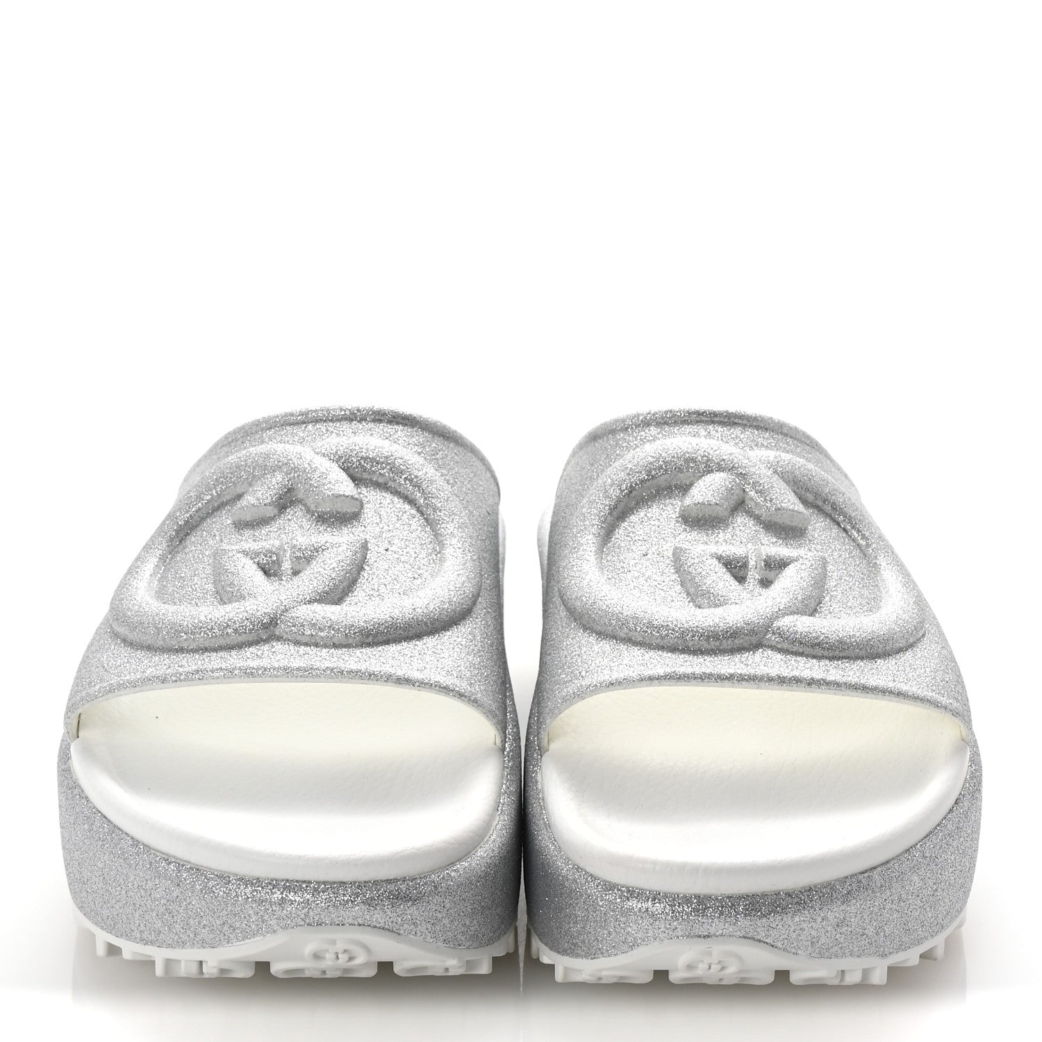 Gucci Glitter Rubber Womens InterLocking G Platform 42mm Slide Sandals 37 Silver