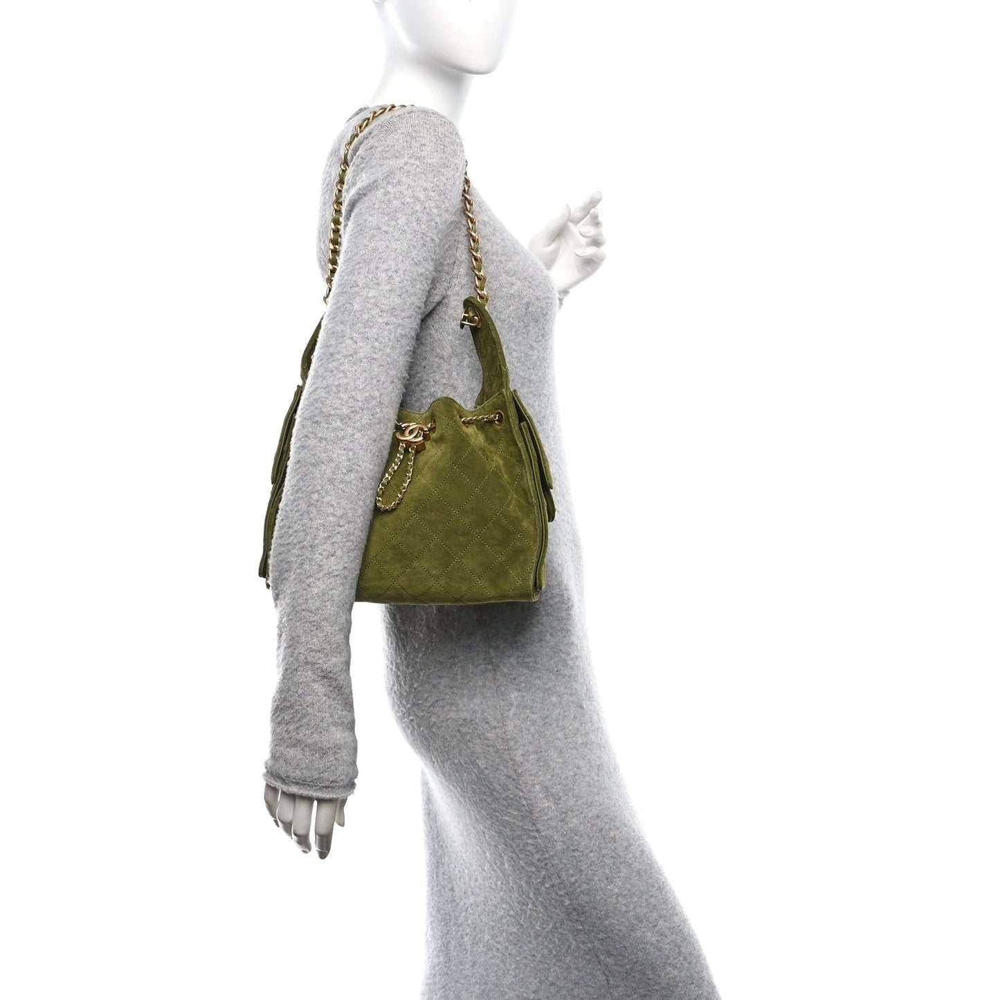 Chanel Suede Quilted Small 25 Handbag Khaki