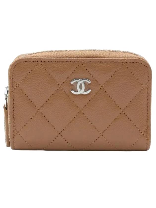 Silver Logo Zipper Caviar Card Wallet Camel Chanel