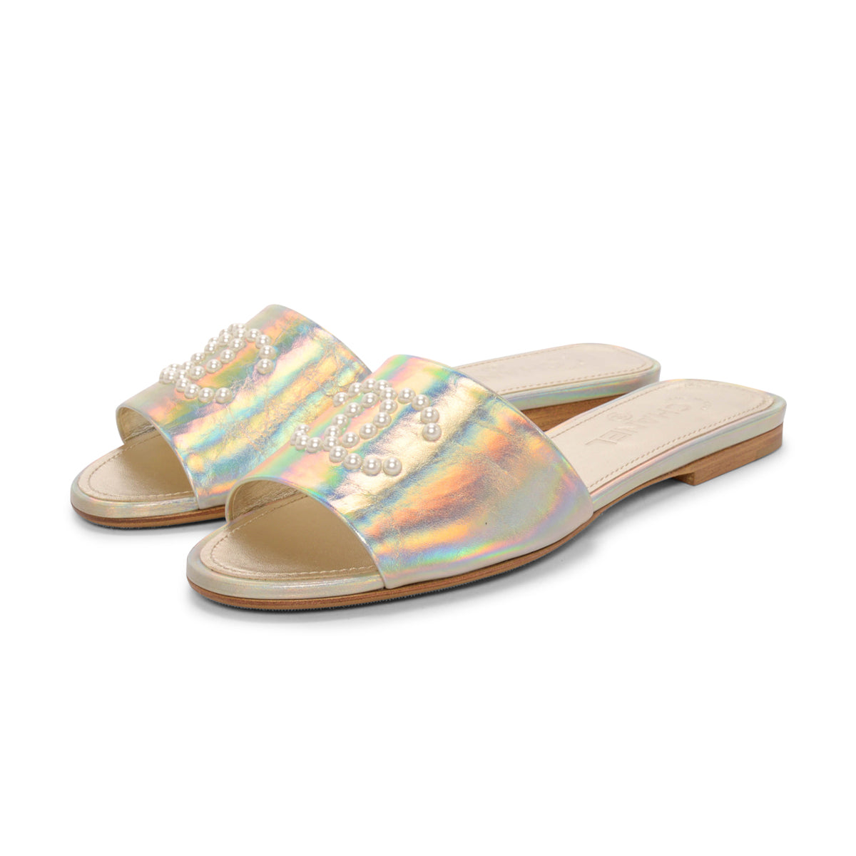 Chanel Champagne Iridescent Leather CC Pearl Slides 39 for Women