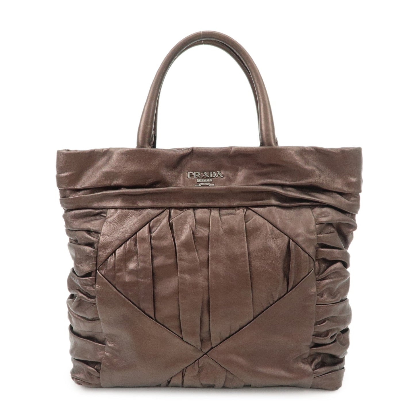 Prada Tote Bag Gathered Hand Bag Bronze HDW d Leather Silver