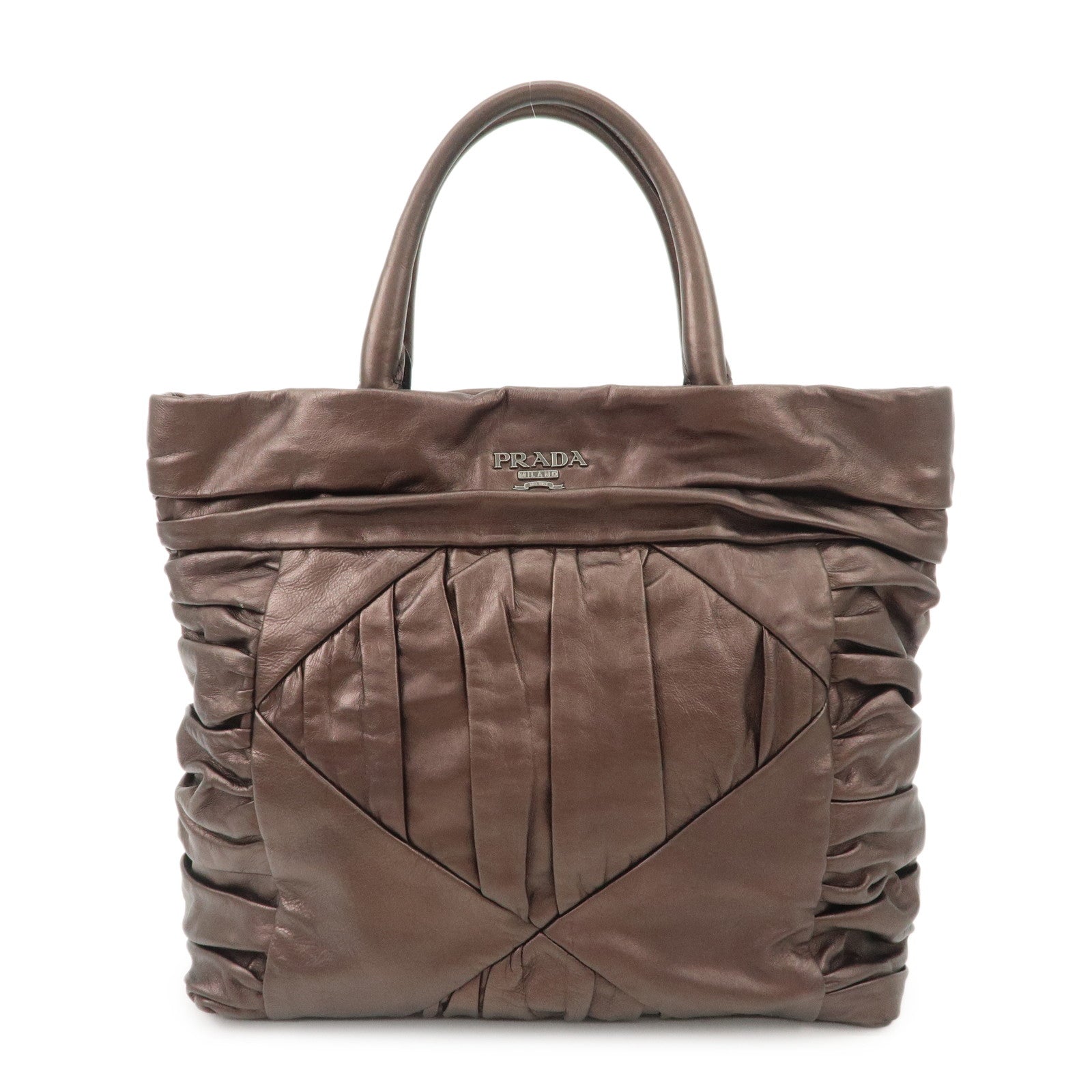 Prada Tote Bag Gathered Hand Bag Bronze HDW d Leather Silver