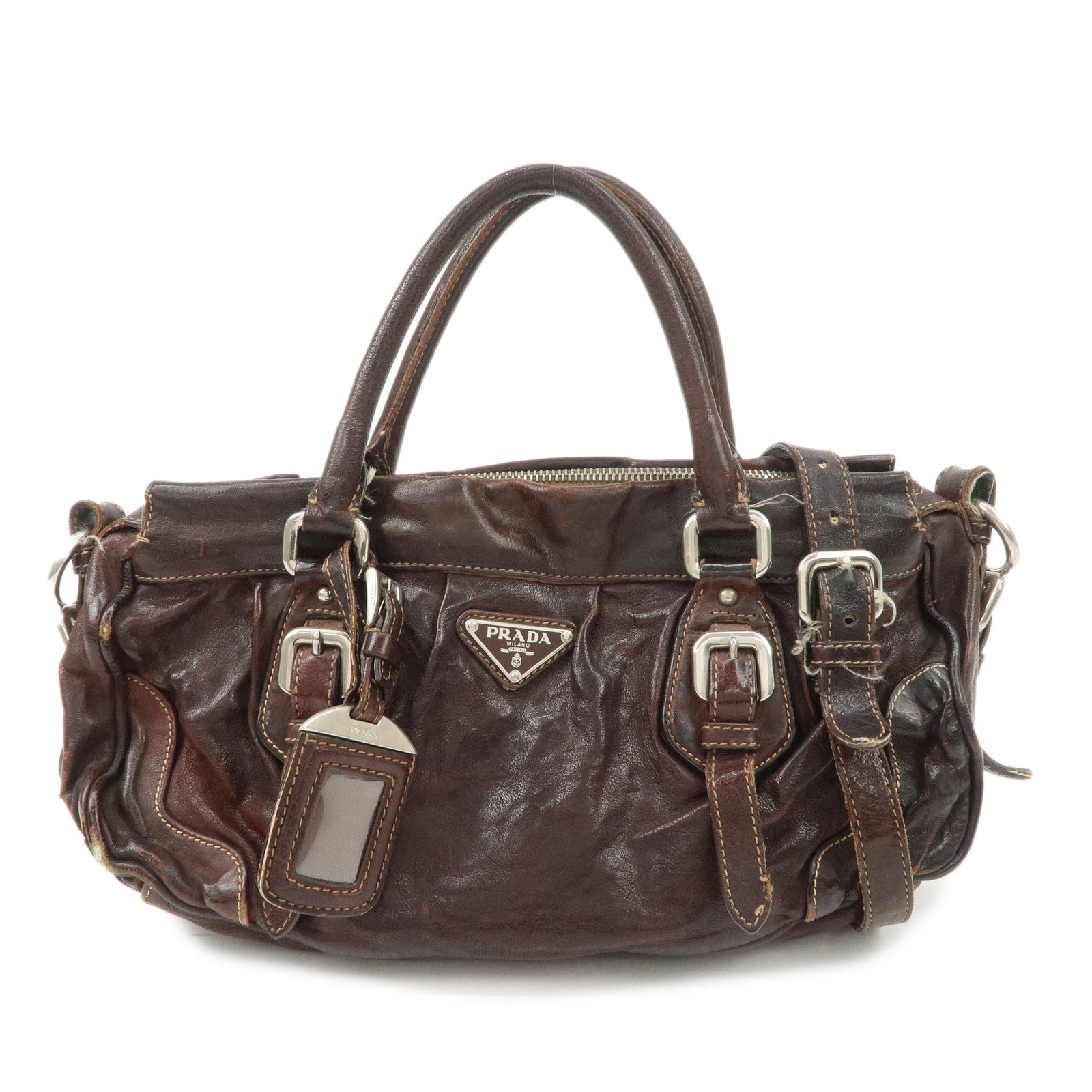 Triangle 2Way Bag Hand Bag Dark d Leather Brown Logo Handbag