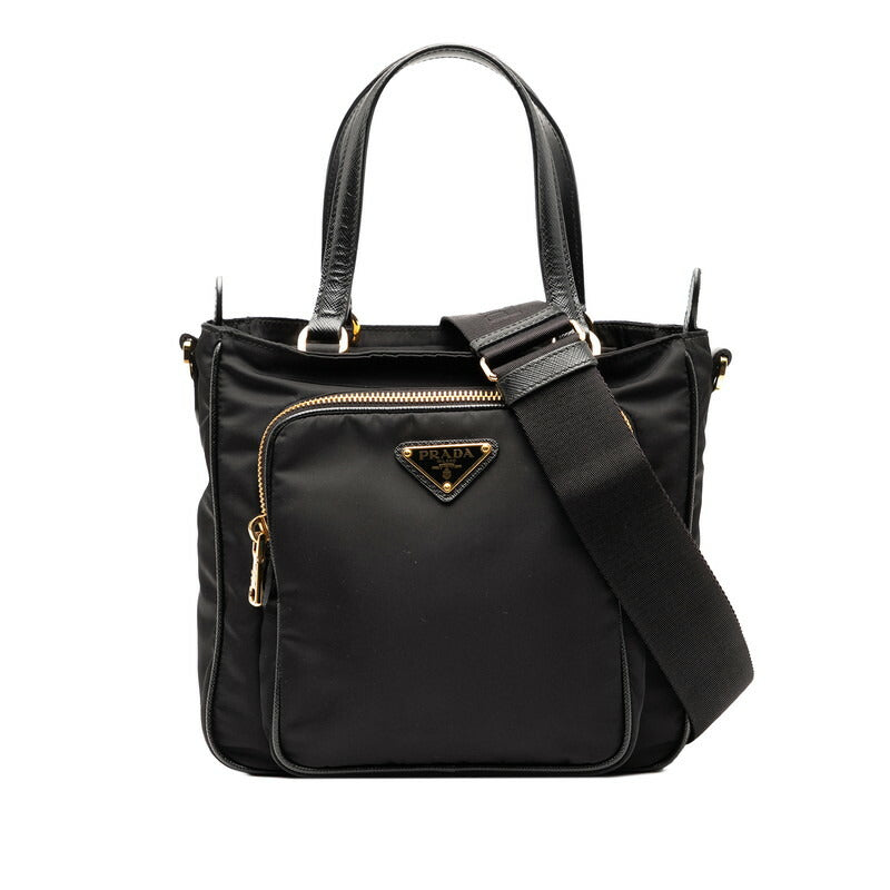 Prada 1Bg308 2Way Bag Leather Nylon Travel Bag