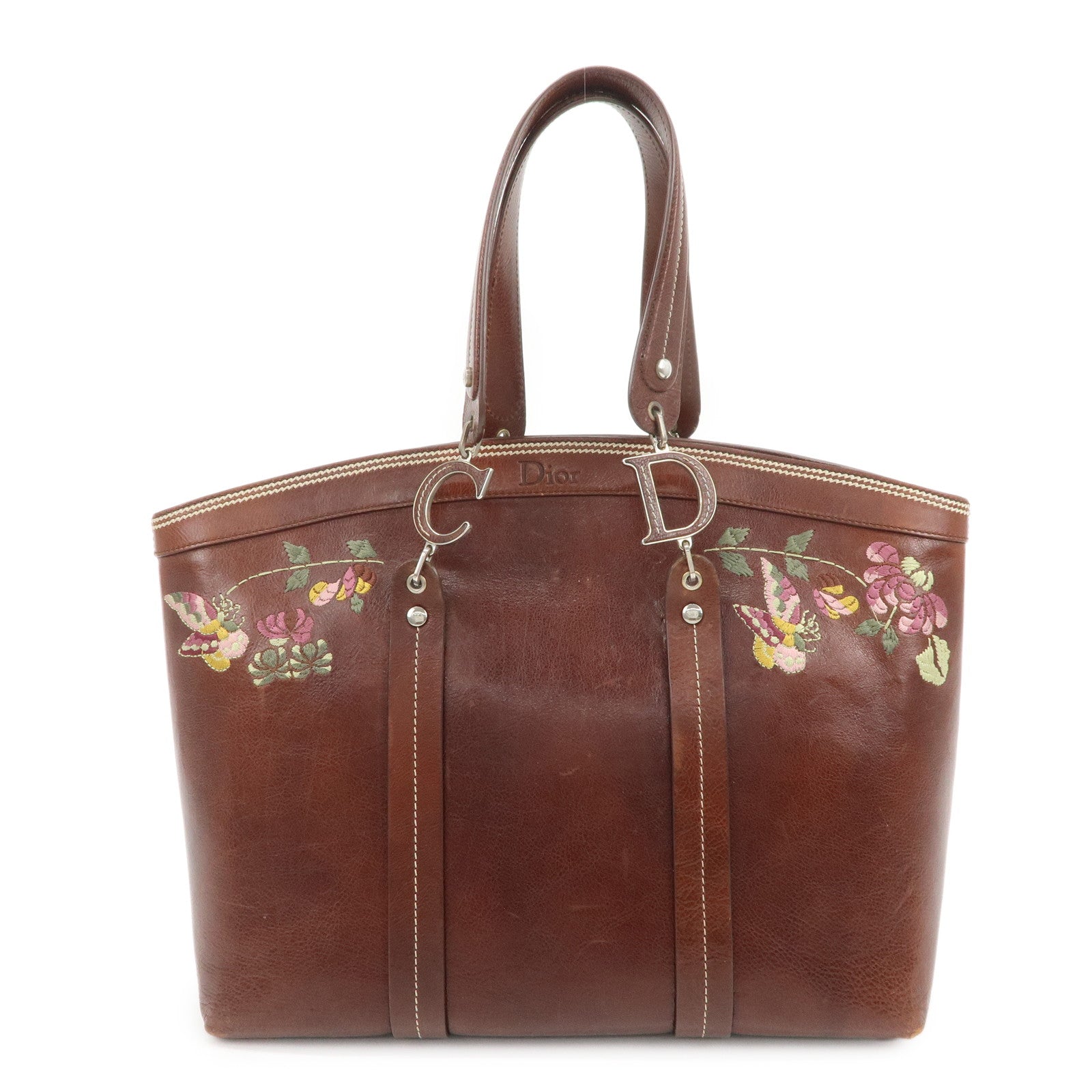 Dior Tote Bag Christian Flower Embroidery Tote Shoulder Bag Leather Brown