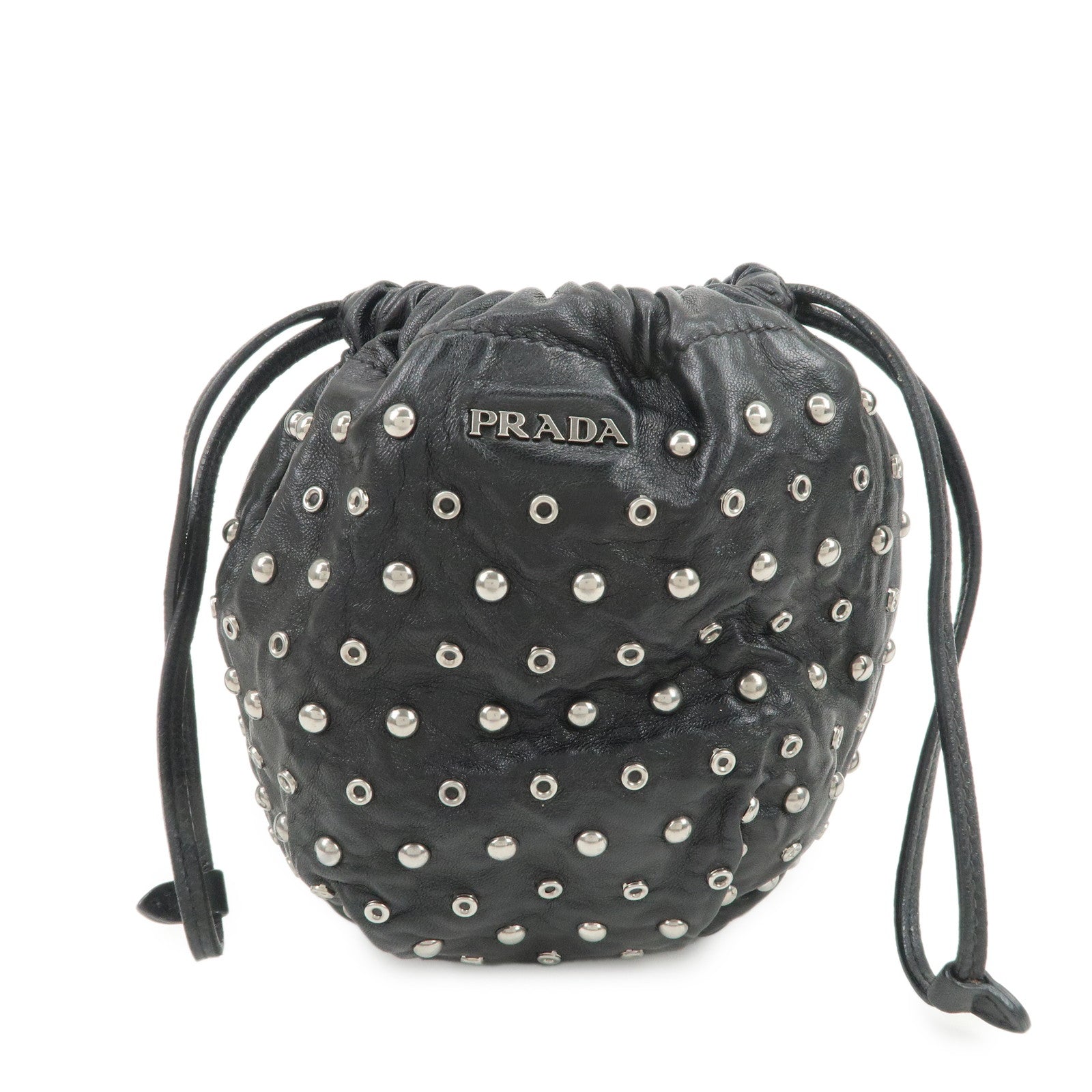Studs Drawstring Bag Cosmetic Pouch Leather Black Handbag