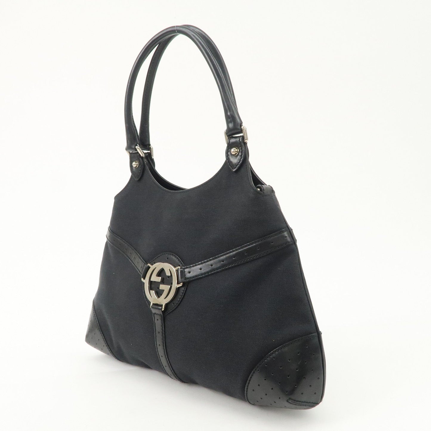 GUCCI Interlocking G Canvas Leather Hand Shoulder Bag Black 114875