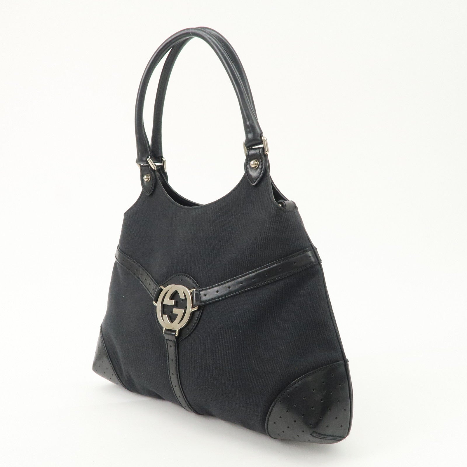 GUCCI Interlocking G Canvas Leather Hand Shoulder Bag Black 114875