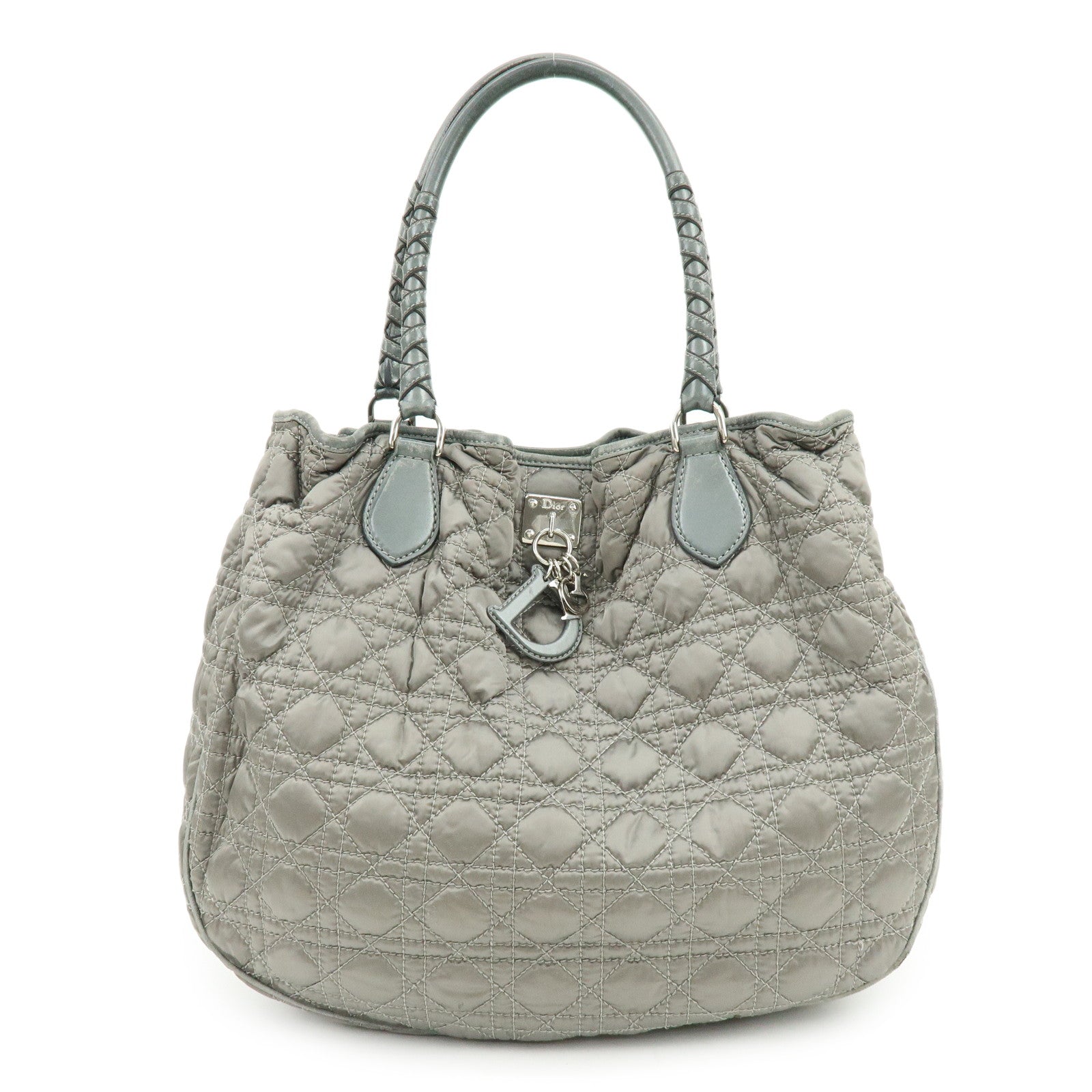Dior Tote Bag Christian Cannage Shoulder Bag Leather Nylon Gray