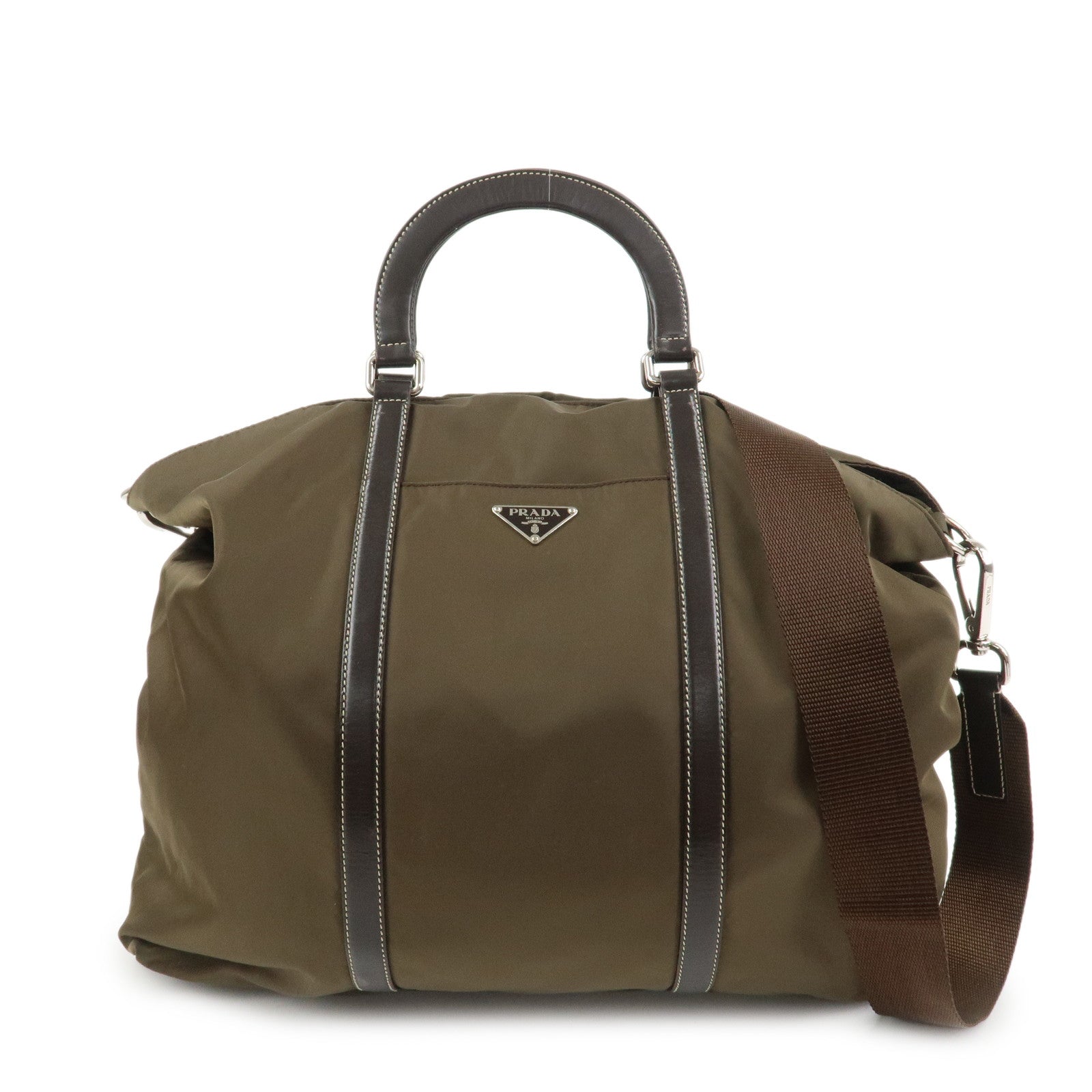 Shoulder Bag Triangle 2Way Hand Bag Khaki Leather Nylon Logo