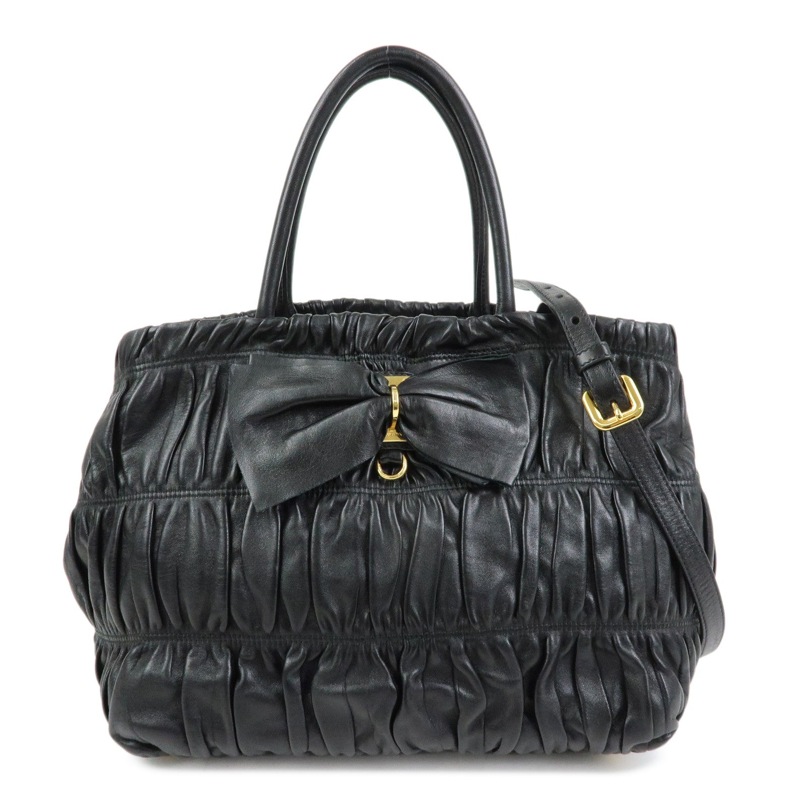 Ribbon Nappa Gaufure 2Way Bag Leather Black Handbag
