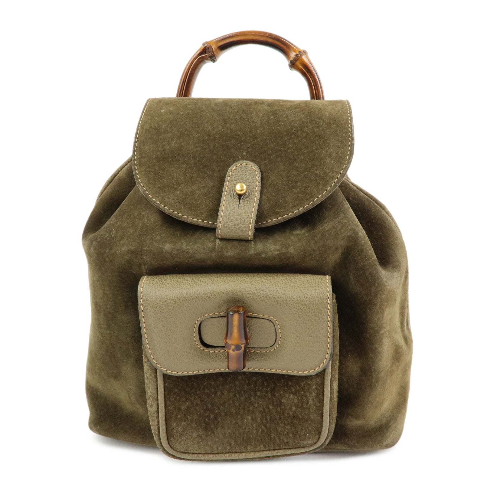 GUCCI Bamboo Suede Leather Backpack Rucksack Khaki 003?2058