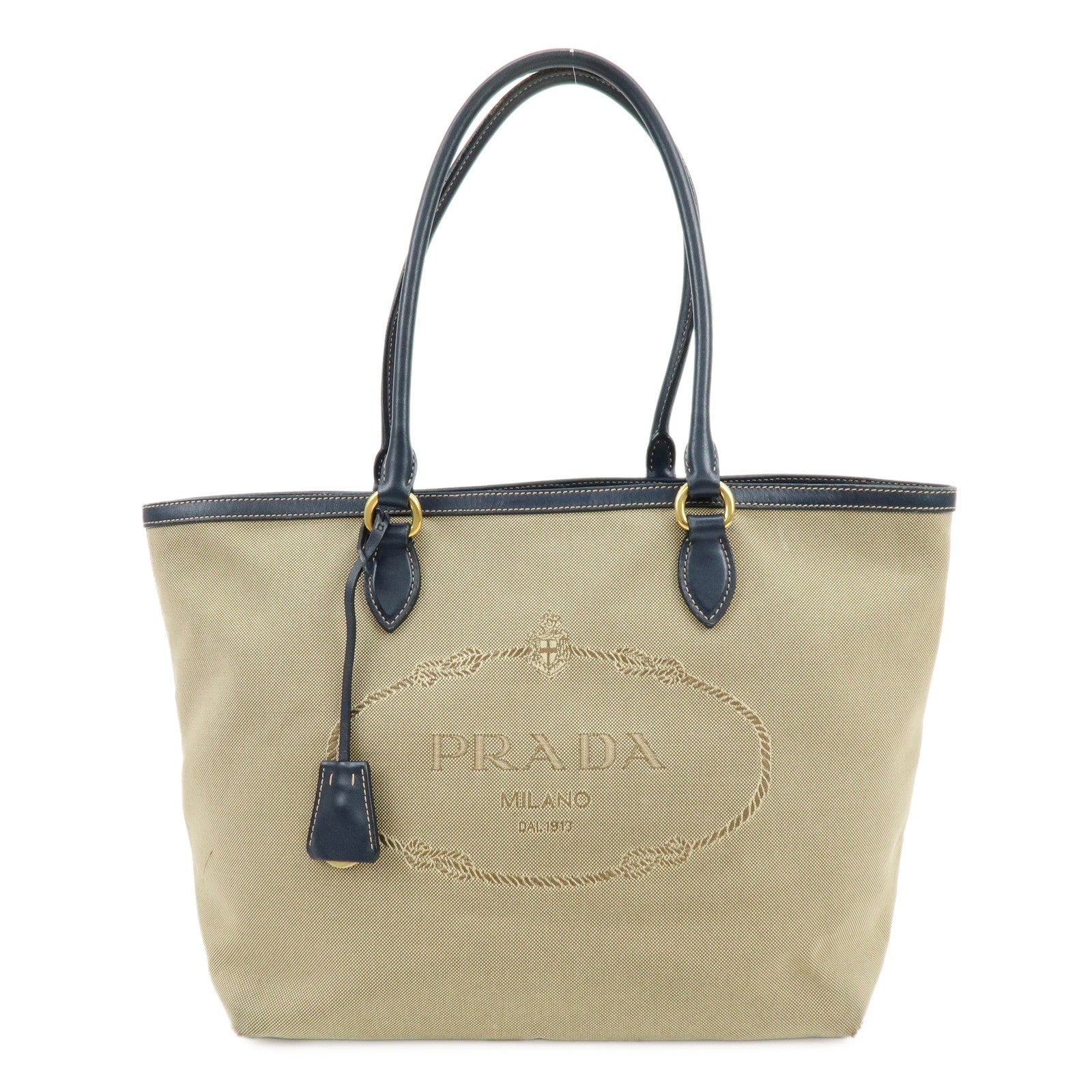 Tote Bag Jacguard Hand Bag Leather Beige Navy