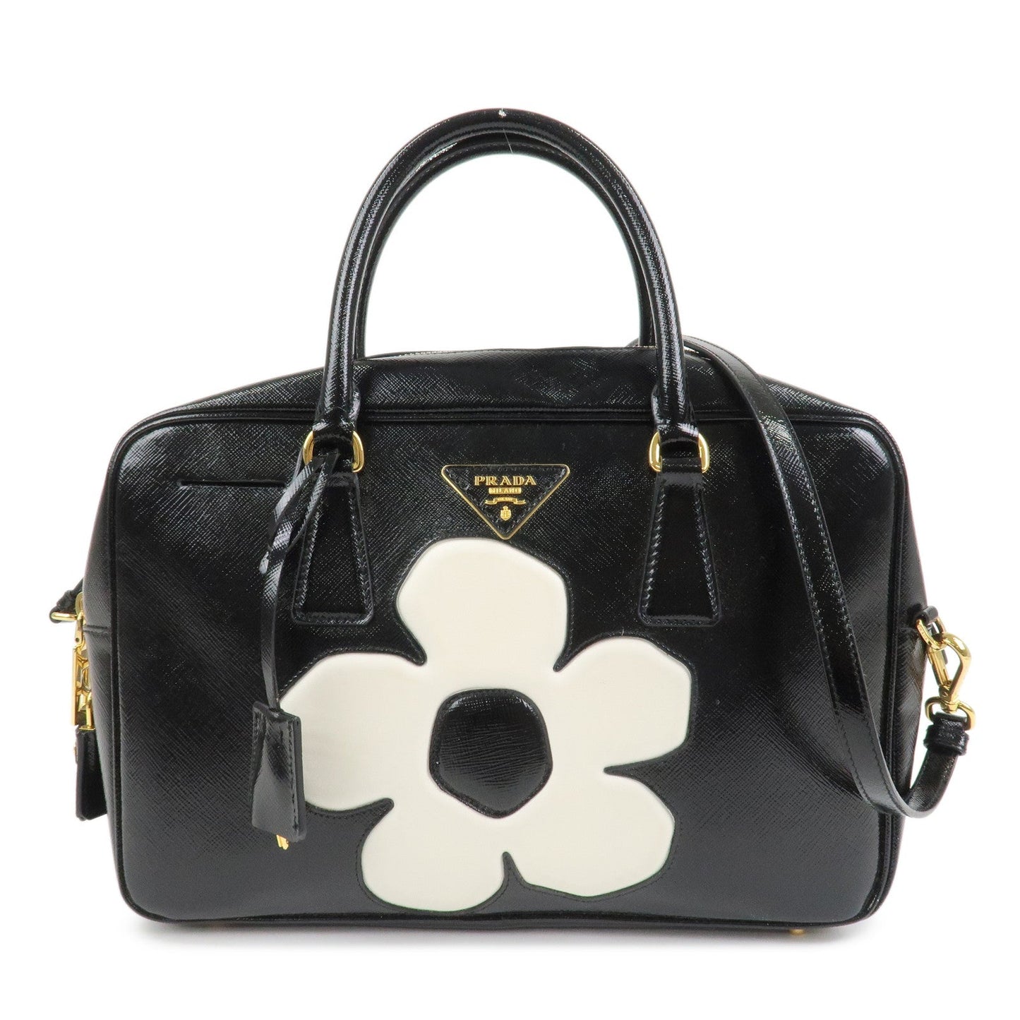 Flower 2Way Bag Hand Bag Leather Saffiano Black Handbag