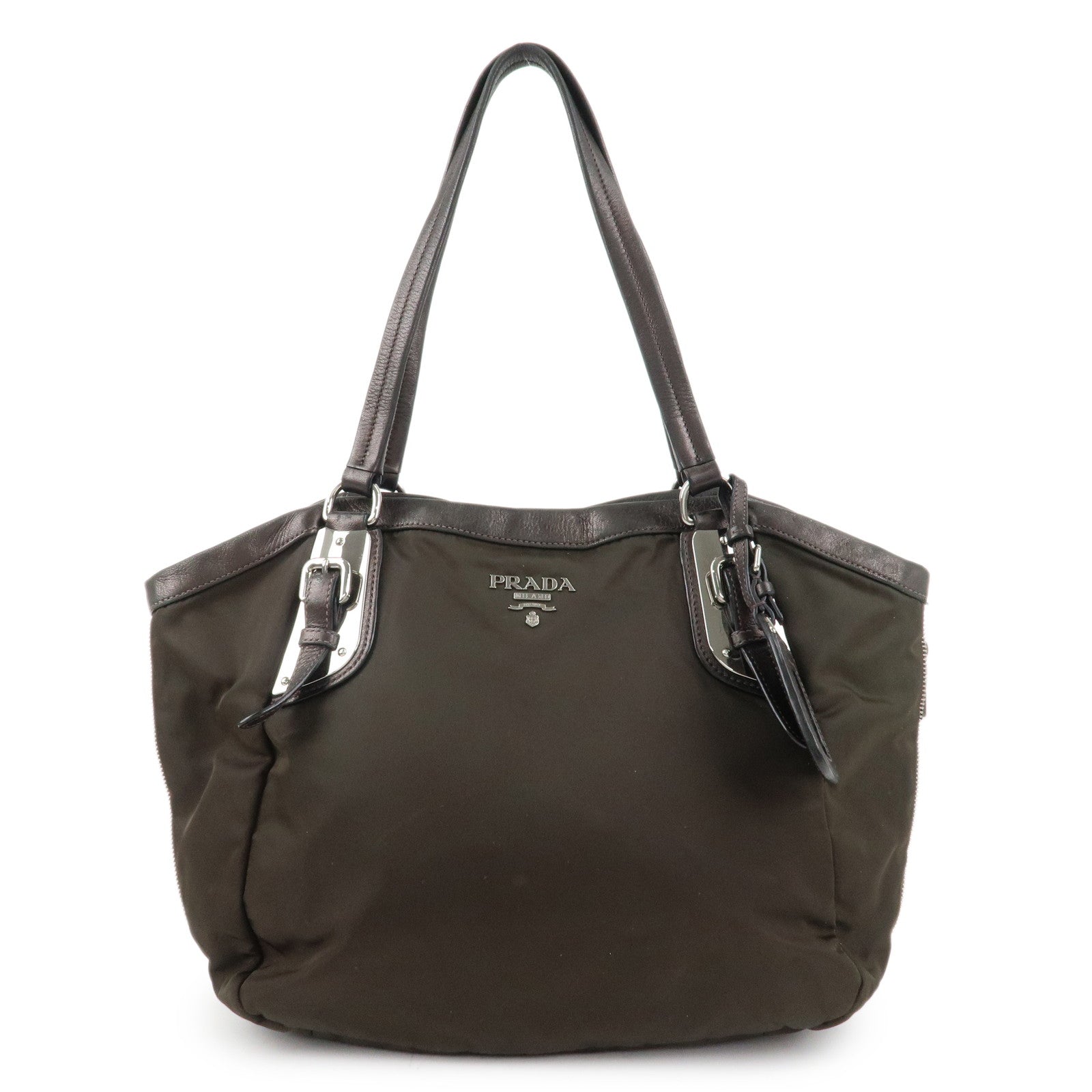 Tote Bag Shoulder Bag Khaki Metallic d Leather Nylon Brown