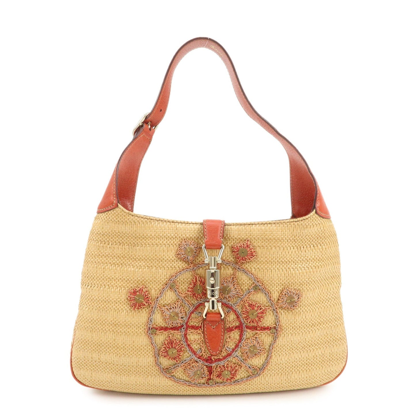 GUCCI New Jackie Raffia Leather Shoulder Bag Natural Orange 140040