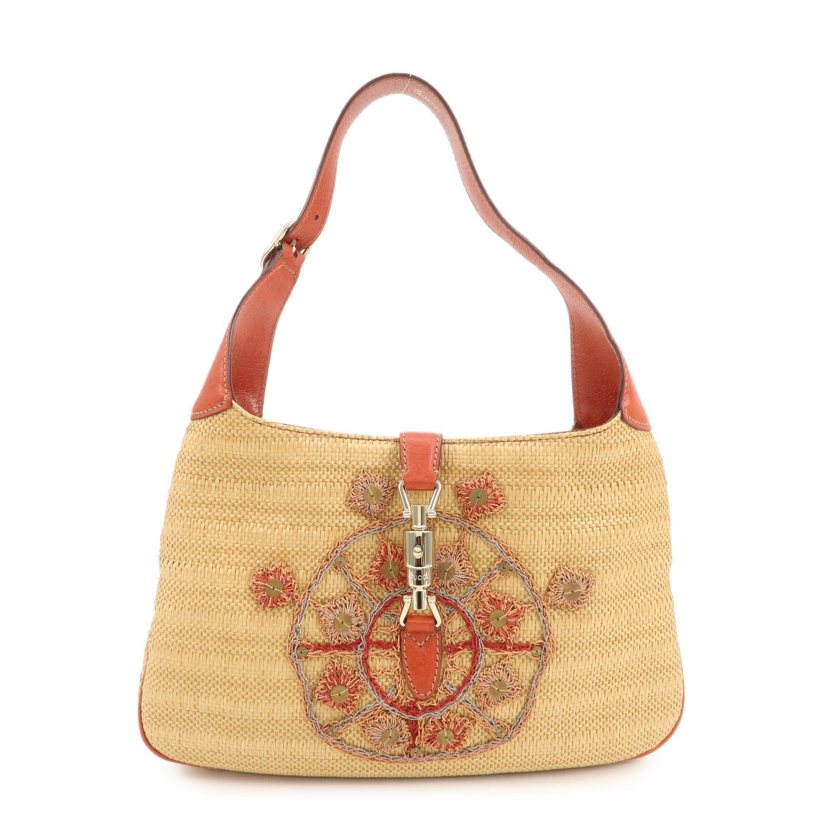 GUCCI New Jackie Raffia Leather Shoulder Bag Natural Orange 140040