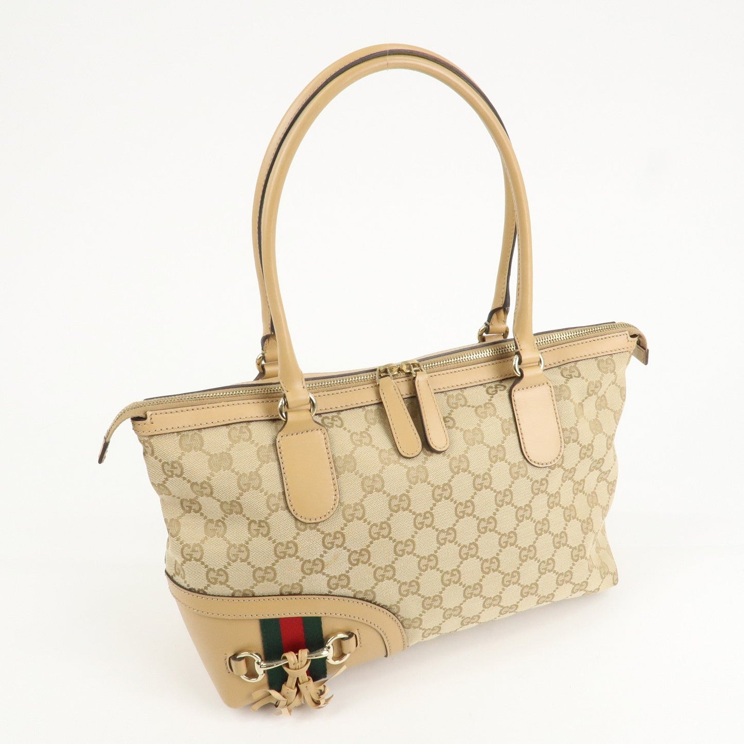 GUCCI Horsebit Sherry GG Canvas Leather Tote Bag Beige 232936