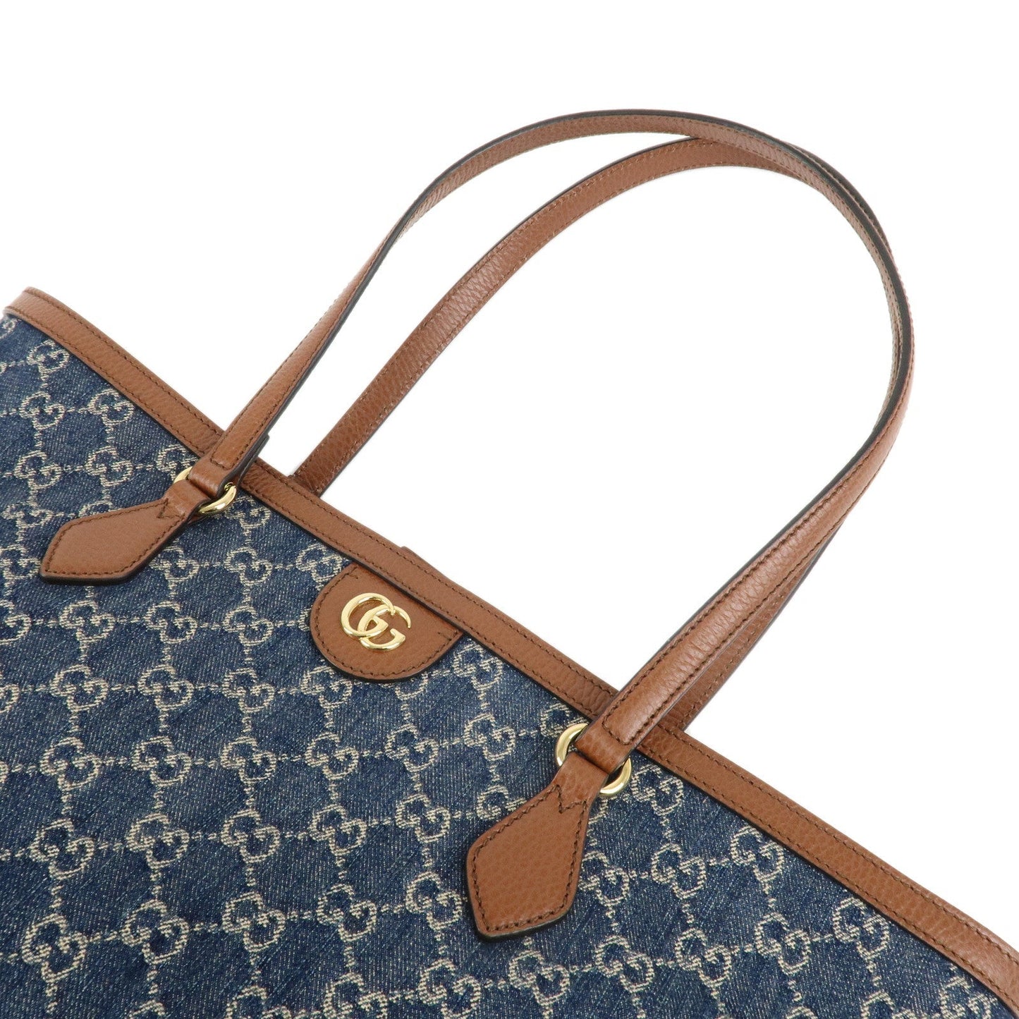 GUCCI Ophidia GG Denim Leather Tote Bag Blue Brown 631685