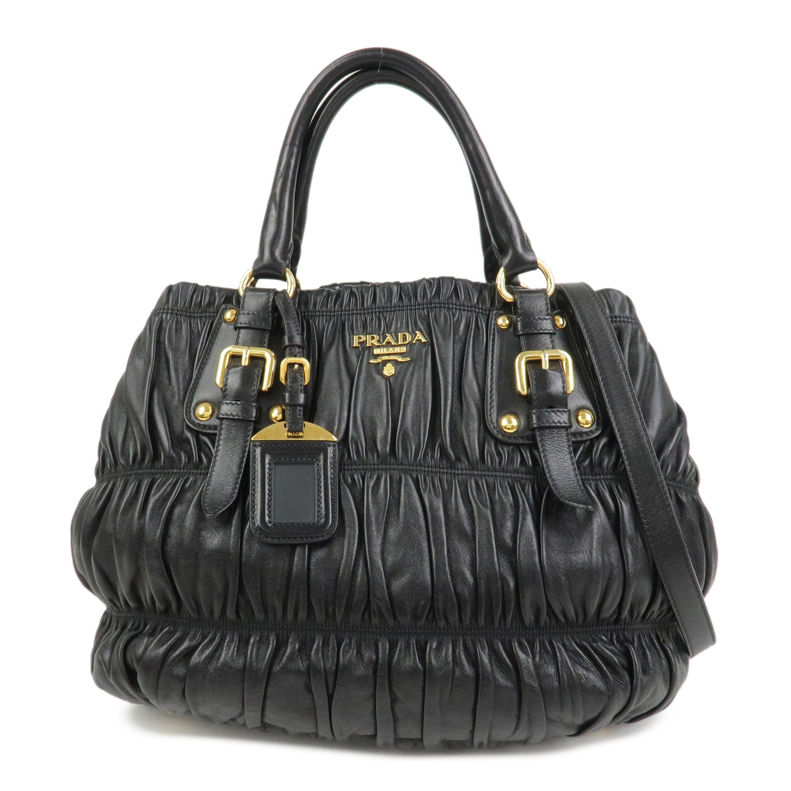 Shoulder Bag Gathered 2Way Hand Bag Leather Black