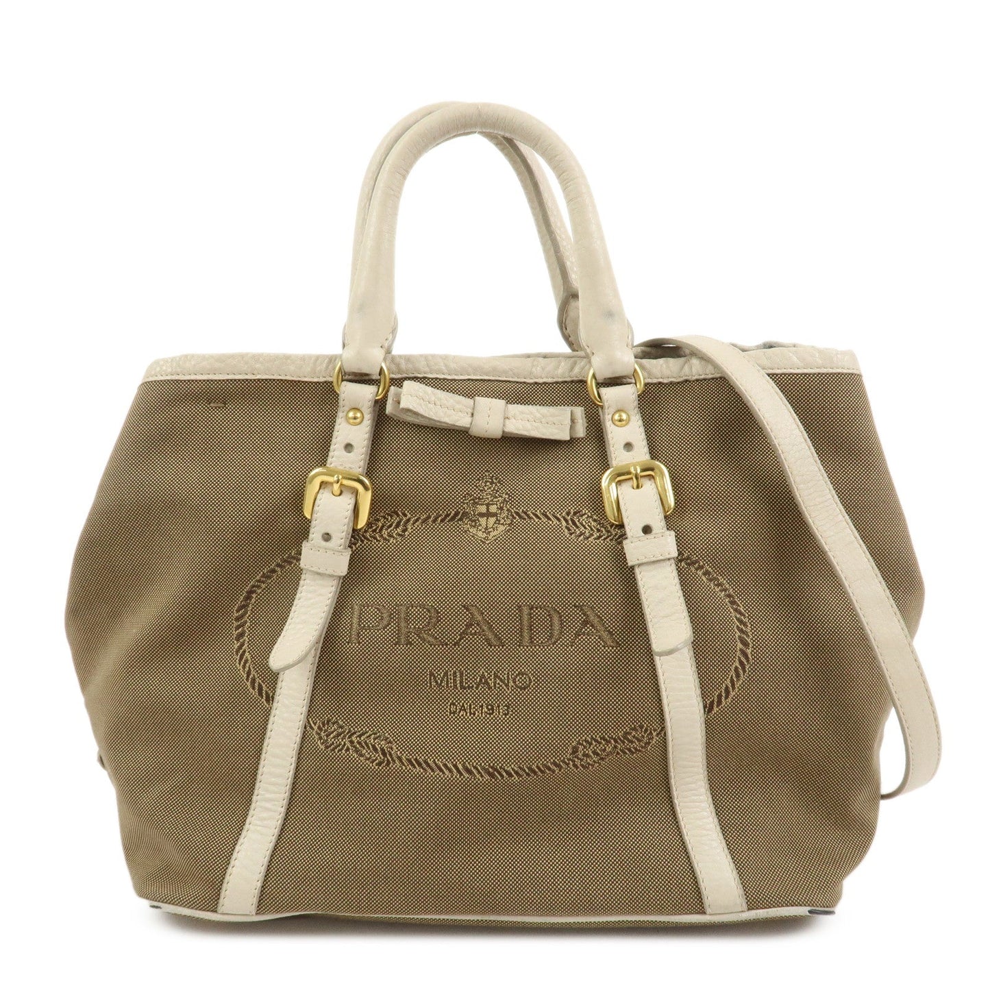 Tote Bag Jacguard 2Way Ivory Leather Brown Logo