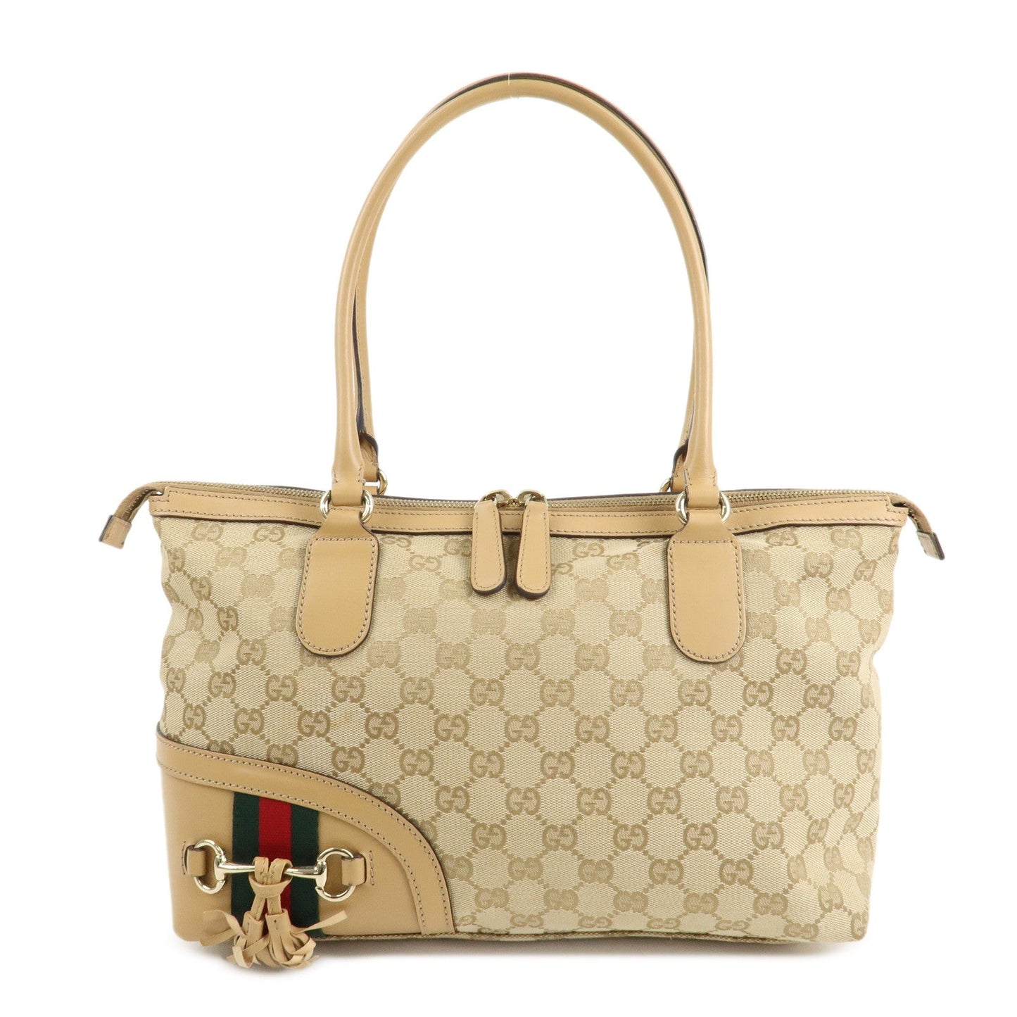GUCCI Horsebit Sherry GG Canvas Leather Tote Bag Beige 232936