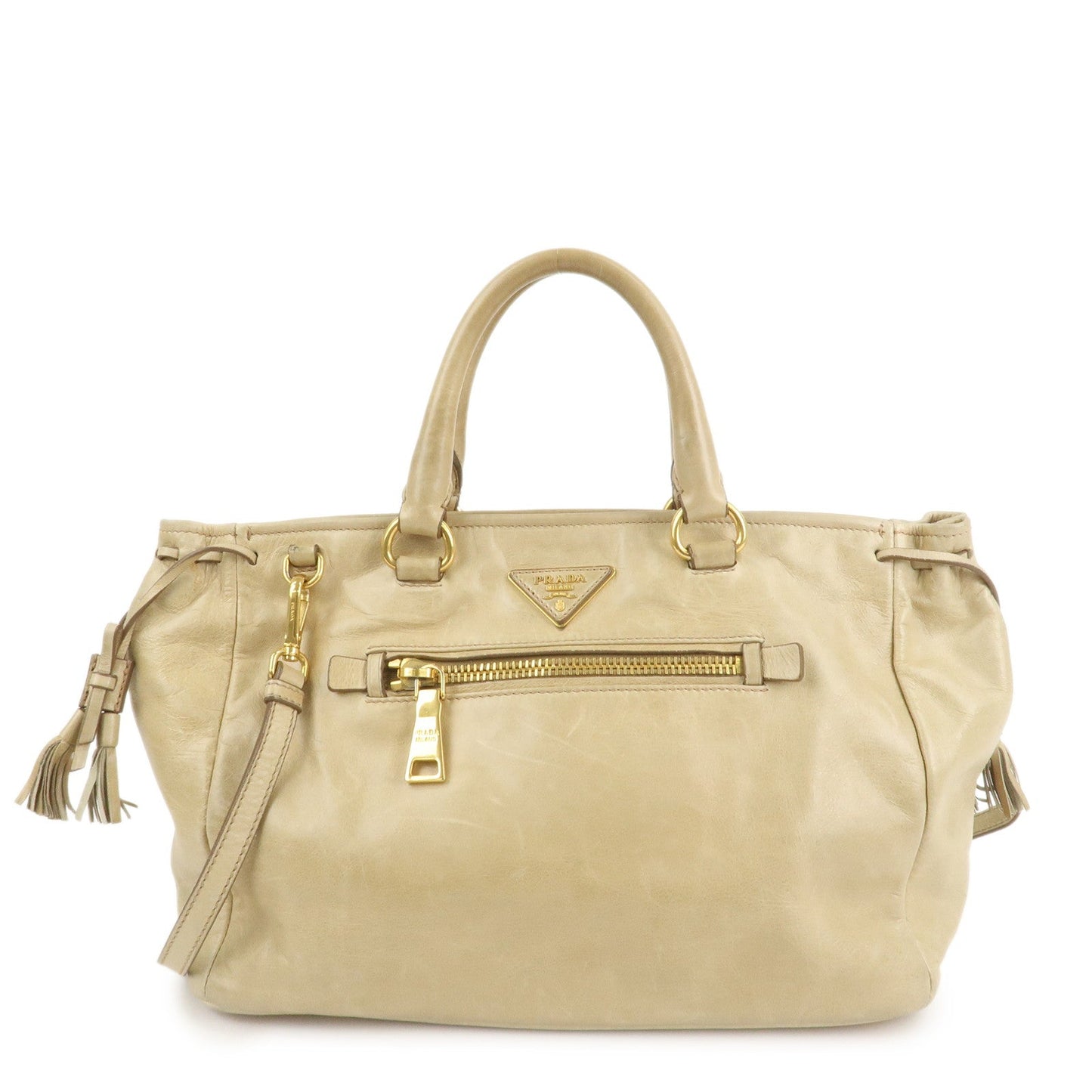 Triangle 2Way Bag Leather Beige Logo Handbag