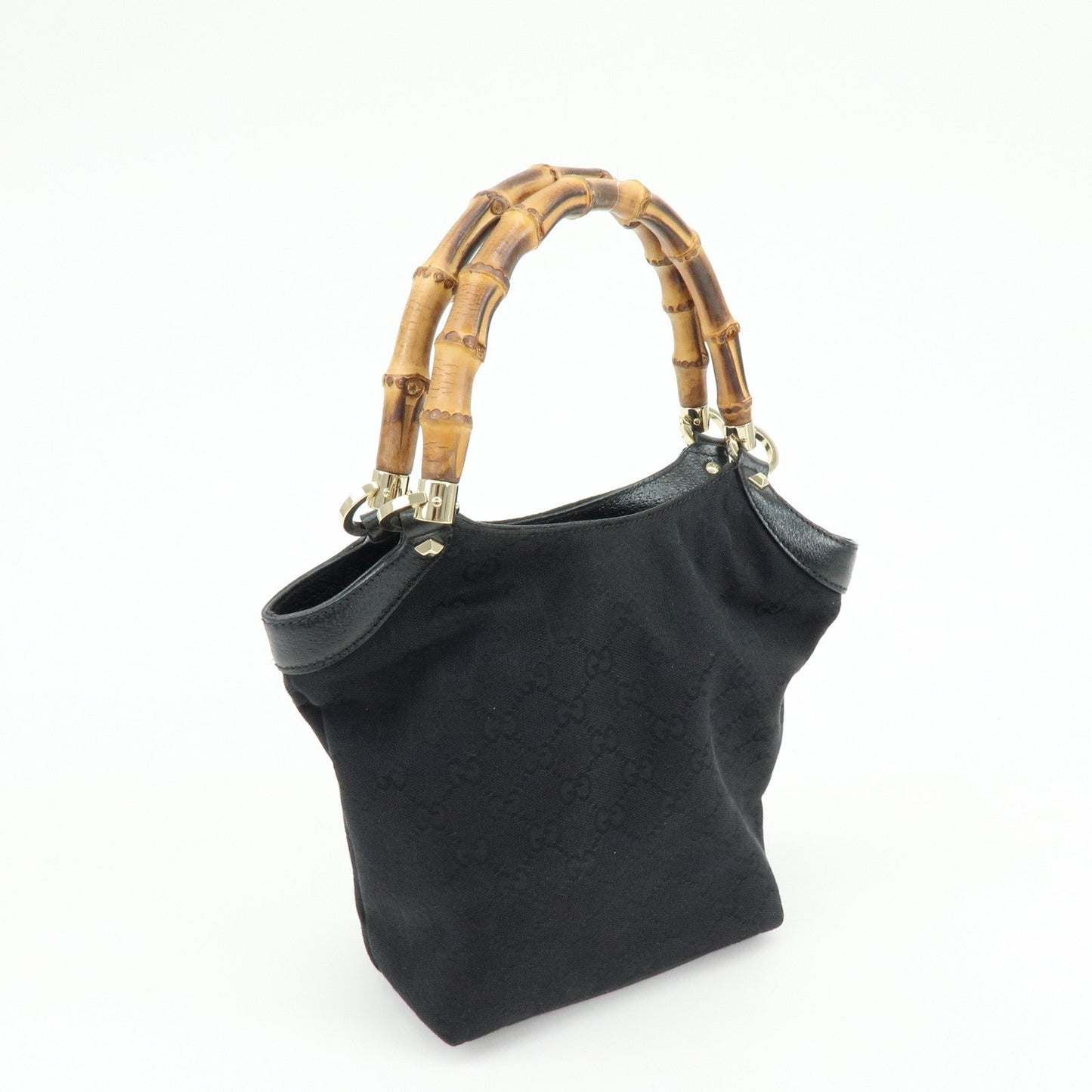 GUCCI Bamboo GG Canvas Leather Hand Bag Tote Bag Black 140203