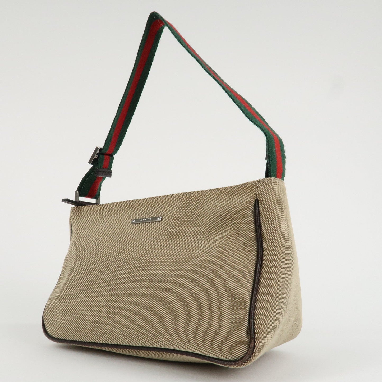 GUCCI Sherry Canvas Leather Pouch Hand Bag Beige Brown 106644