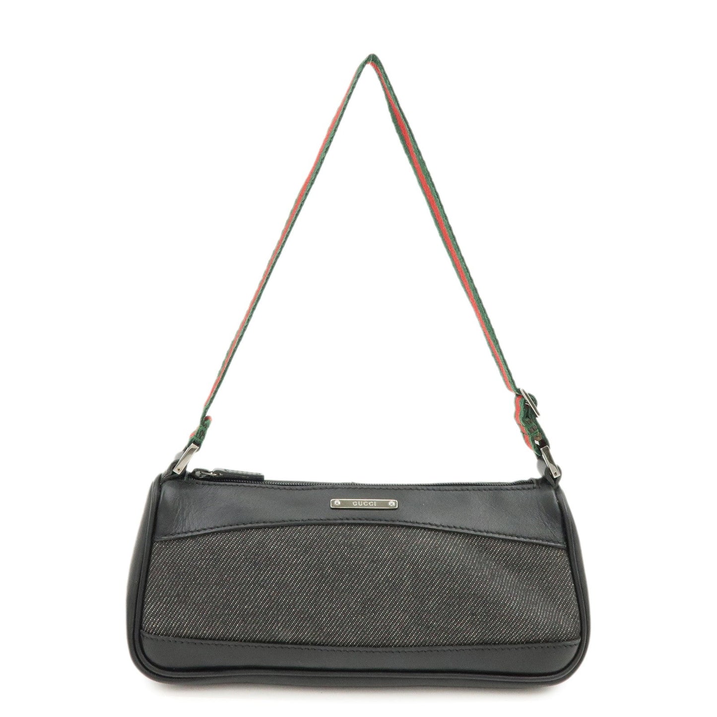 GUCCI Sherry Denim Leather Accessory Pouch Hand Bag Black 92820
