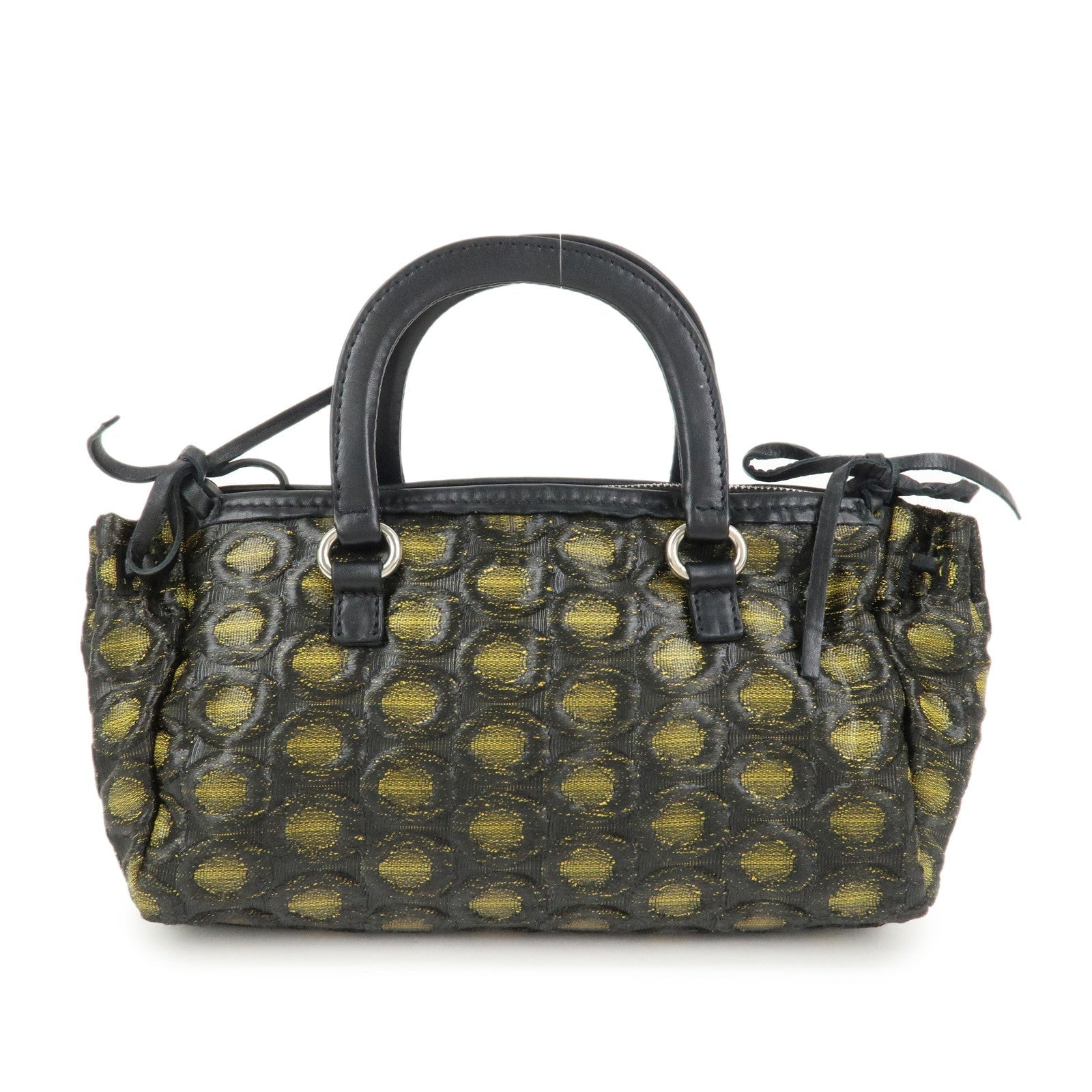 Triangle Ribbon Hand Bag Leather Nylon Black Handbag