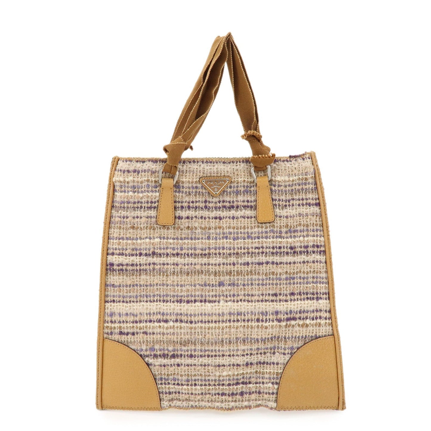 Triangle Tweed Hand Bag Light Leather Brown Multicolor Handbag