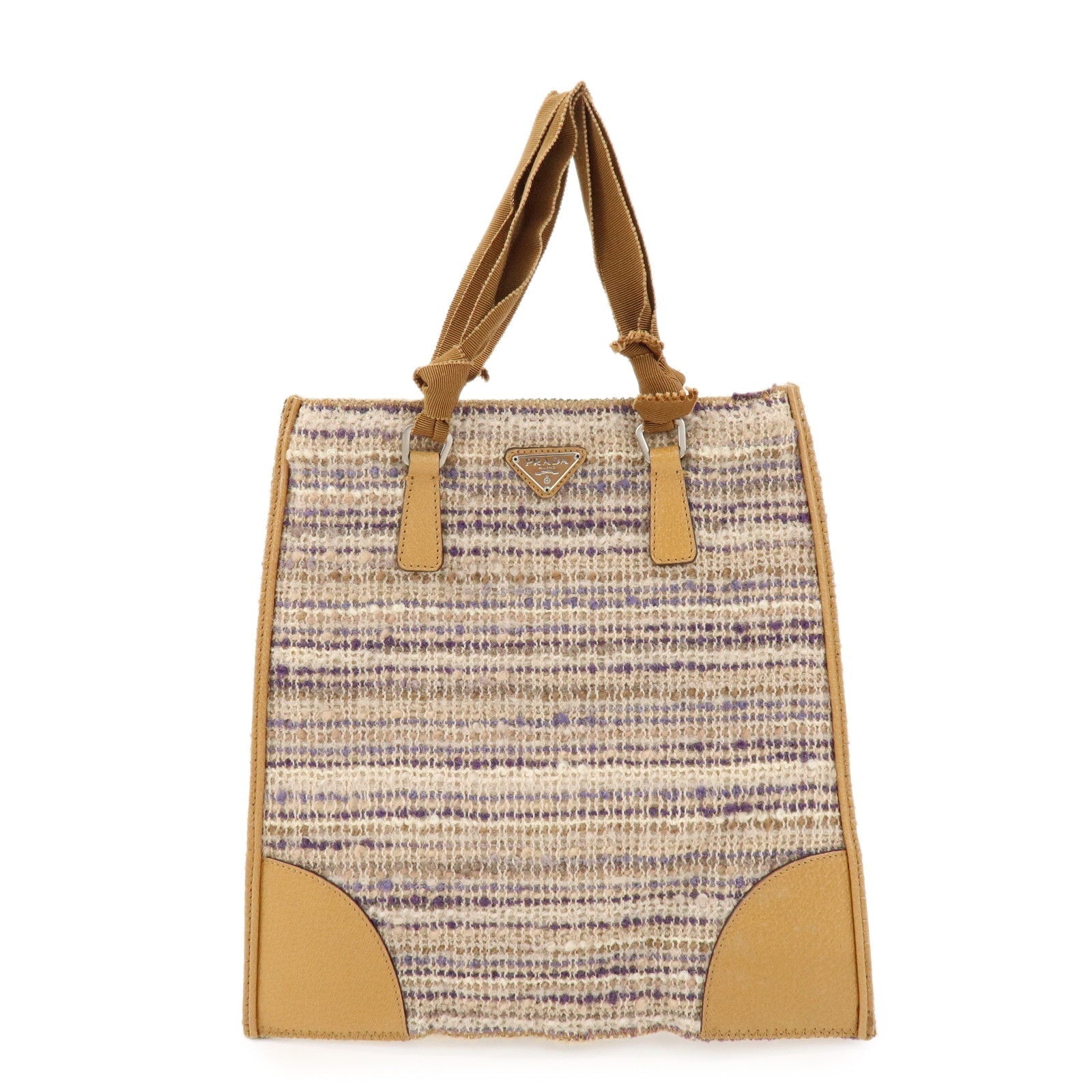 Triangle Tweed Hand Bag Light Leather Brown Multicolor Handbag