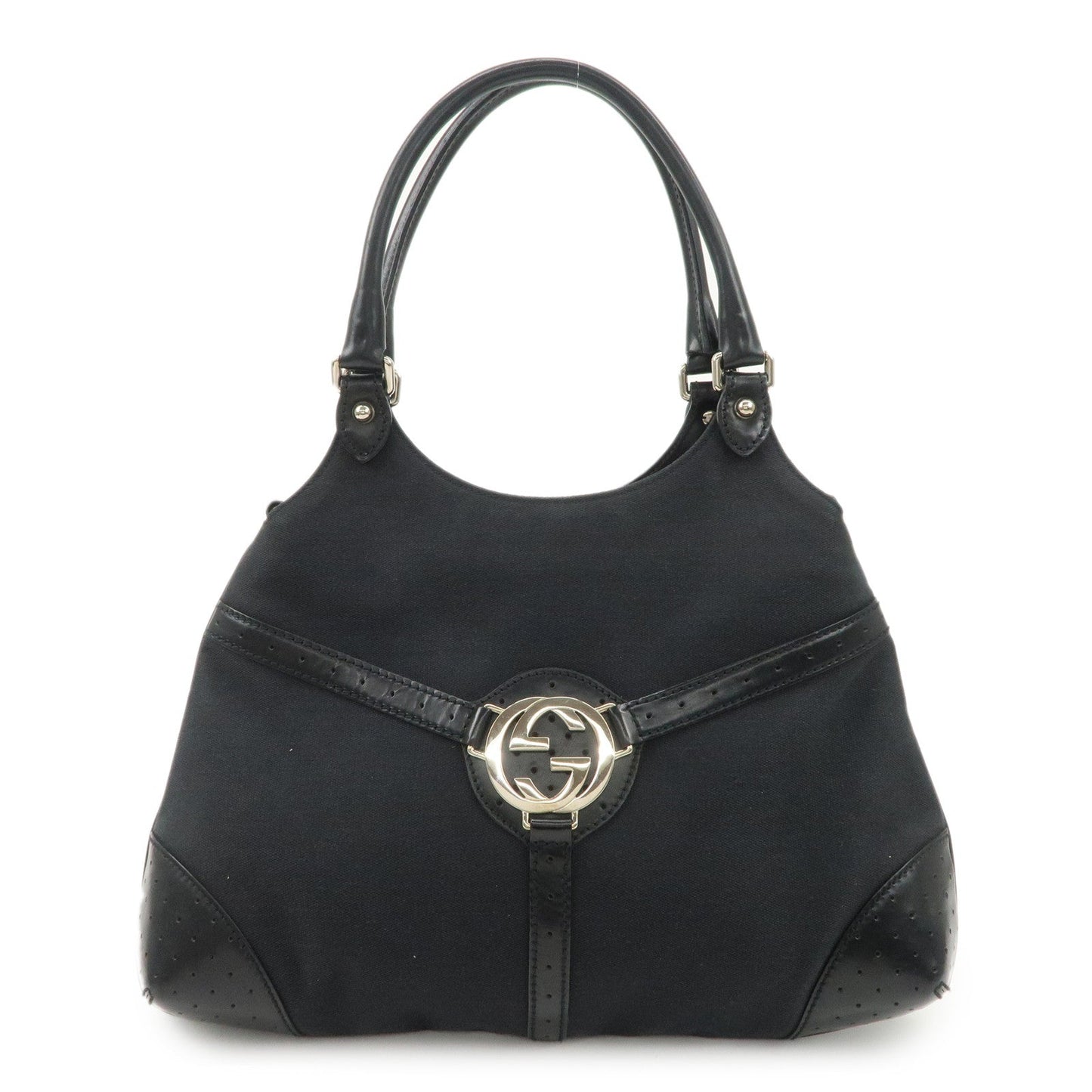 GUCCI Interlocking G Canvas Leather Hand Shoulder Bag Black 114875