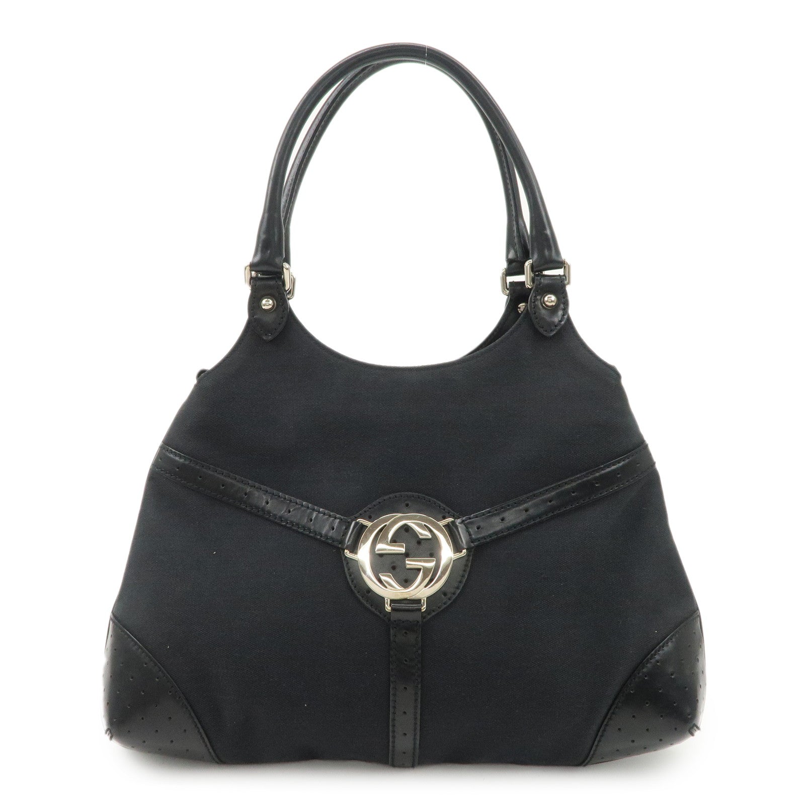 GUCCI Interlocking G Canvas Leather Hand Shoulder Bag Black 114875