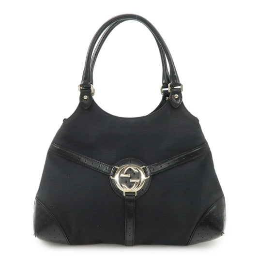 GUCCI Interlocking G Canvas Leather Hand Shoulder Bag Black 114875