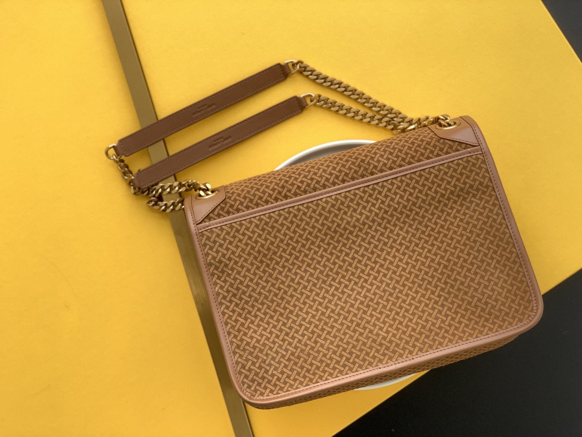 YSL Saint Laurent Niki Crinkled Toned Hardware 11in Brown Gold Medium Chain Handbag