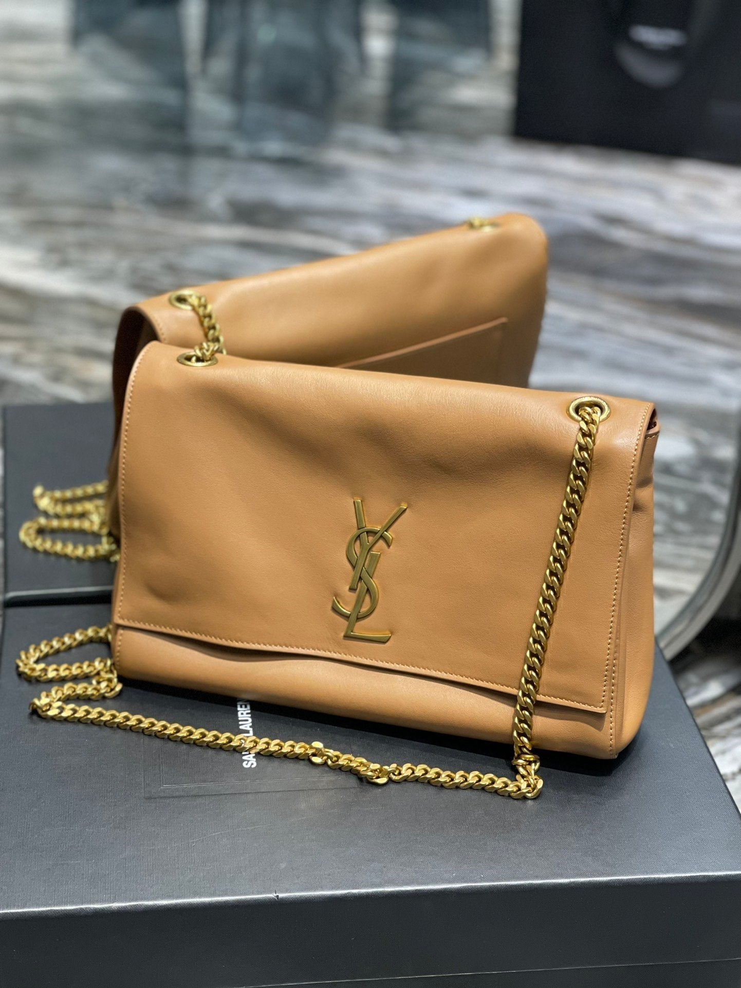 YSL Saint Laurent Kate Reversible Chain Hardware 11in Suede Brown Gold Medium Handbag