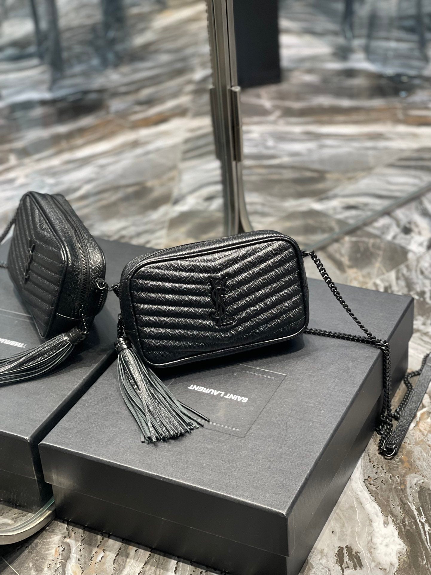 YSL Saint Laurent Lou Metal Toned Hardware 7in Grain De Poudre Quilted Black Mini Bag