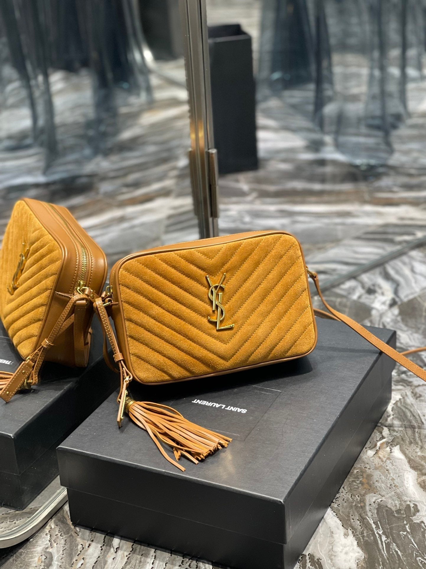 YSL Saint Laurent Lou Camera Toned Hardware 9in Brown Gold Crossbody Bag