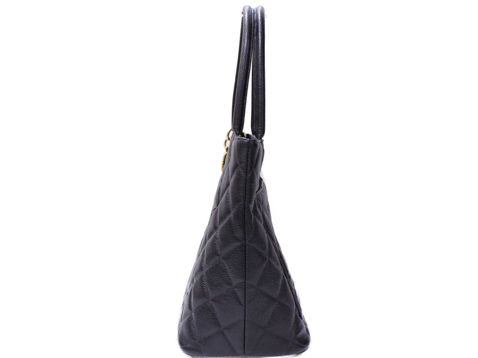 Chanel Caviar Skin Metal Fittings Tote Bag Black Gold