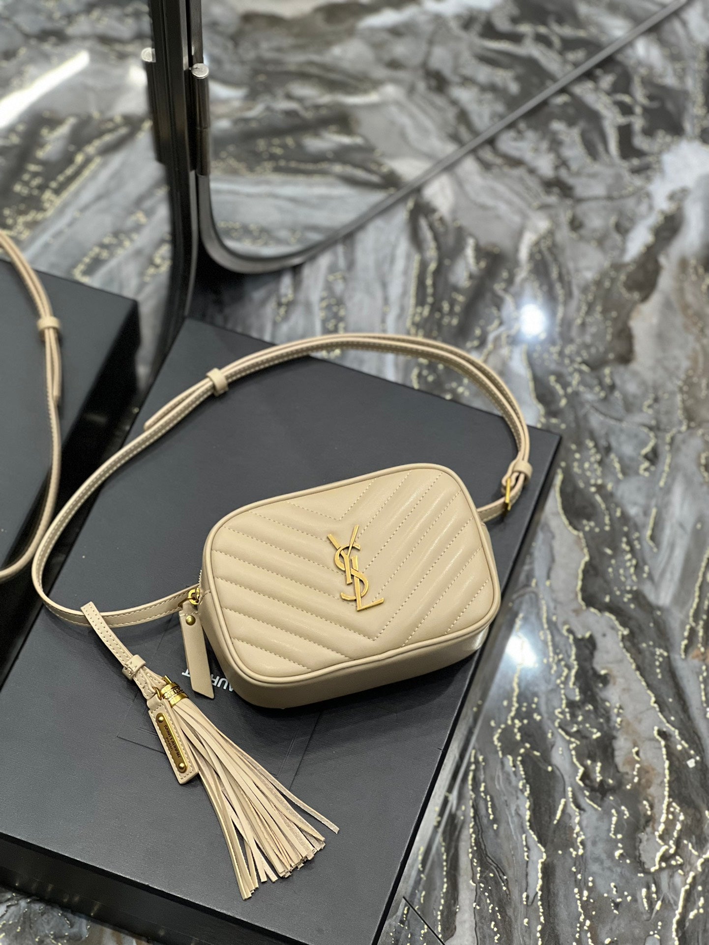 YSL Saint Laurent Lou Belt MatelassÃ© Toned Hardware Beige Gold Accessory