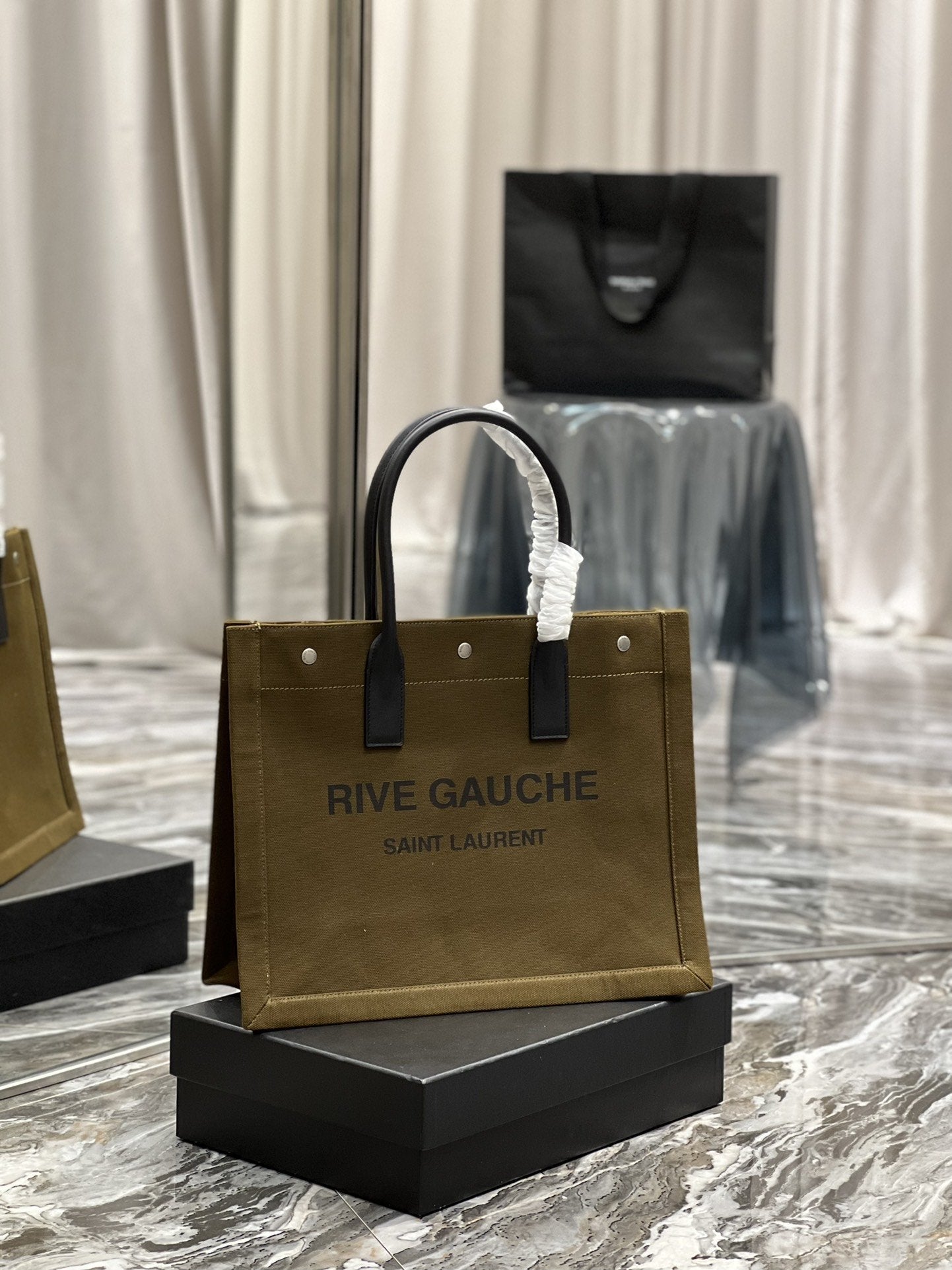 YSL Saint Laurent Rive Gauche Linen Khaki 15in Brown Small Tote Bag