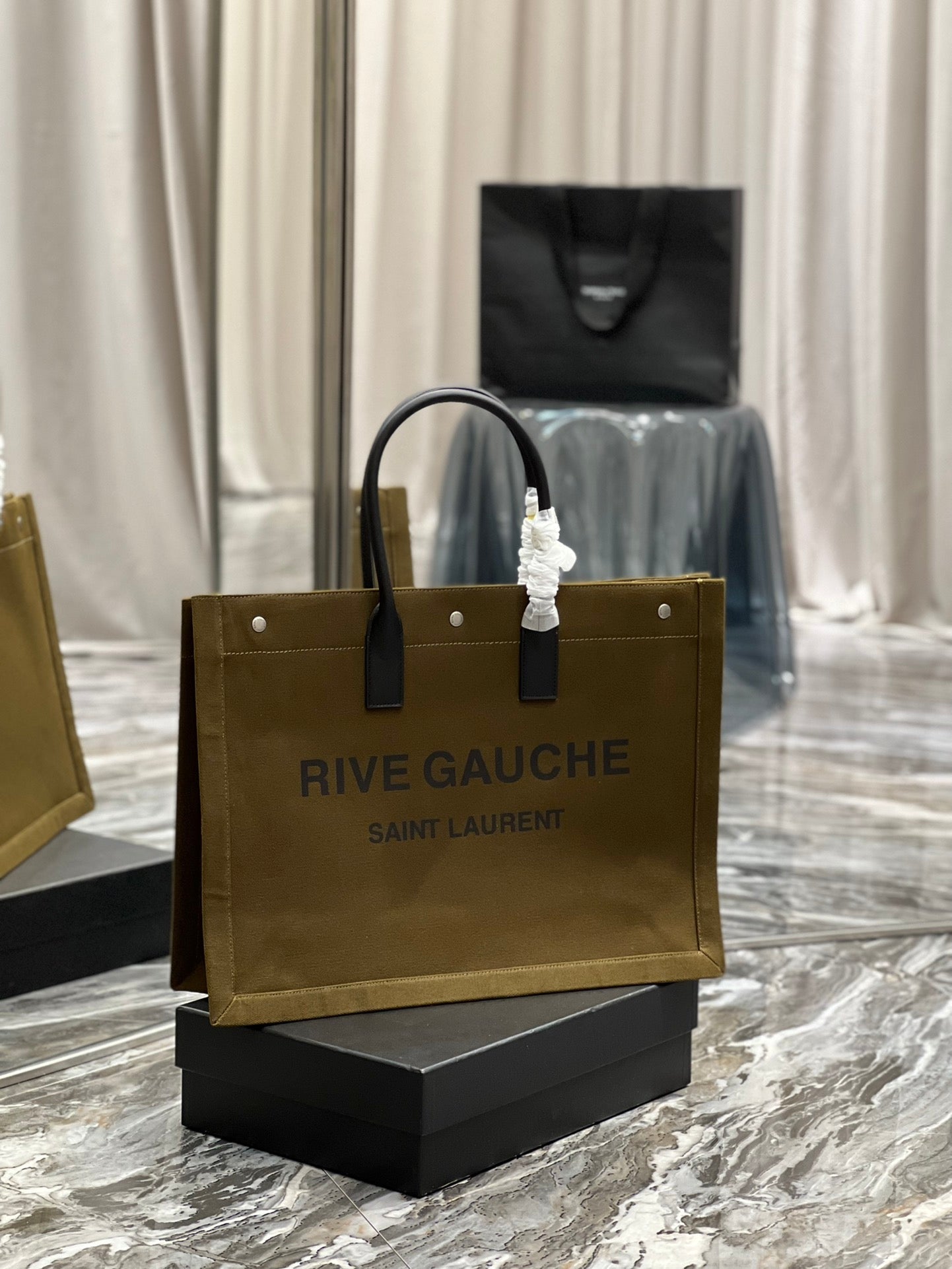 YSL Saint Laurent Rive Gauche Dark Kaki 18.9in Tote Bag