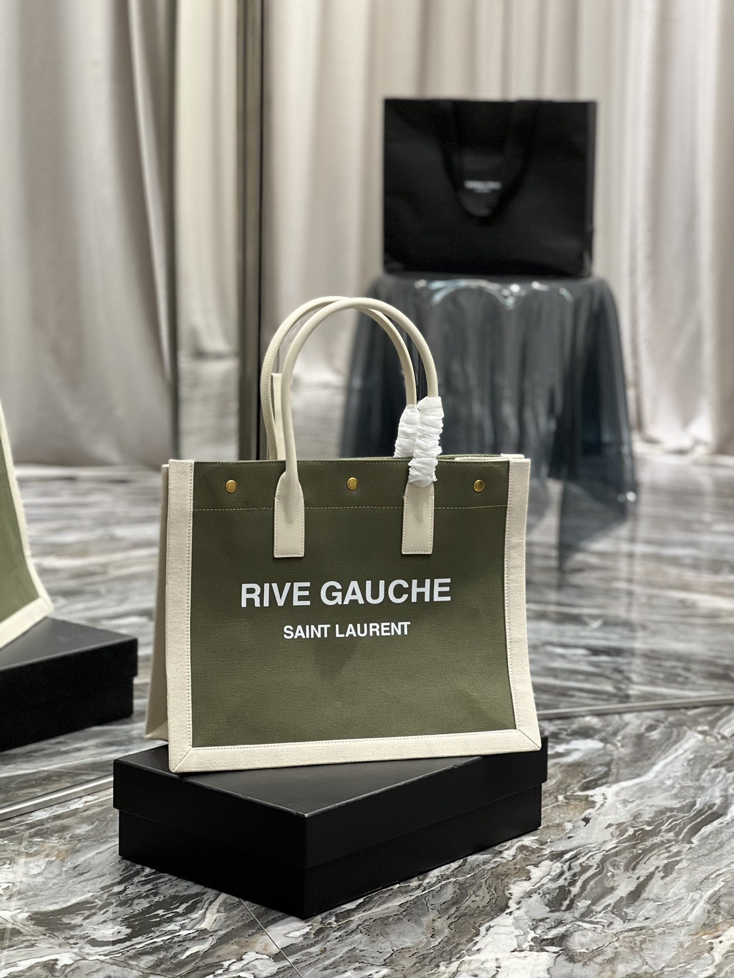 YSL Saint Laurent Rive Gauche Linen Military 15in Green Small Tote Bag