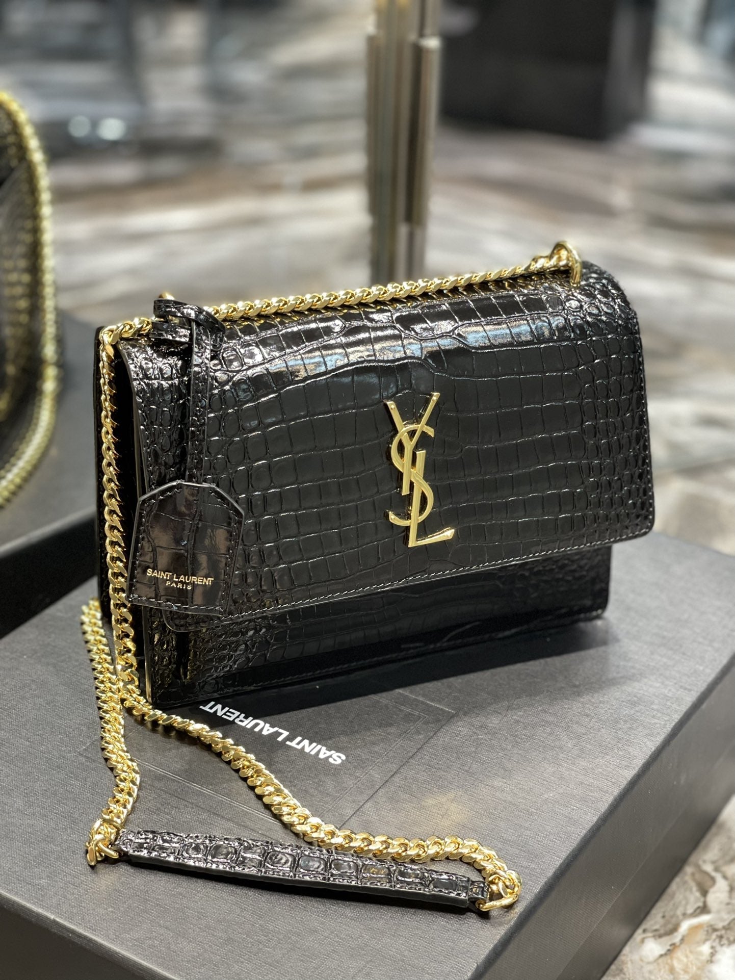 YSL Saint Laurent Sunset 8in 22cm Black Medium Chain Handbag Ysl 442906Dnd0J1000