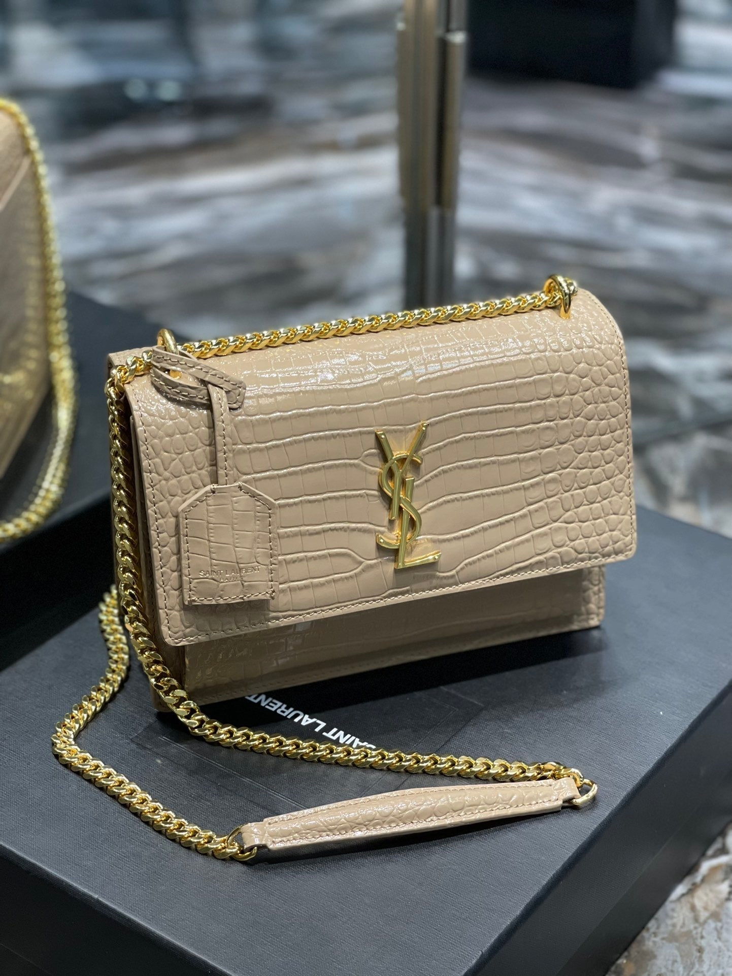 YSL Saint Laurent Sunset Handbag Chain Travel Bag Women 86In22Cm Beige