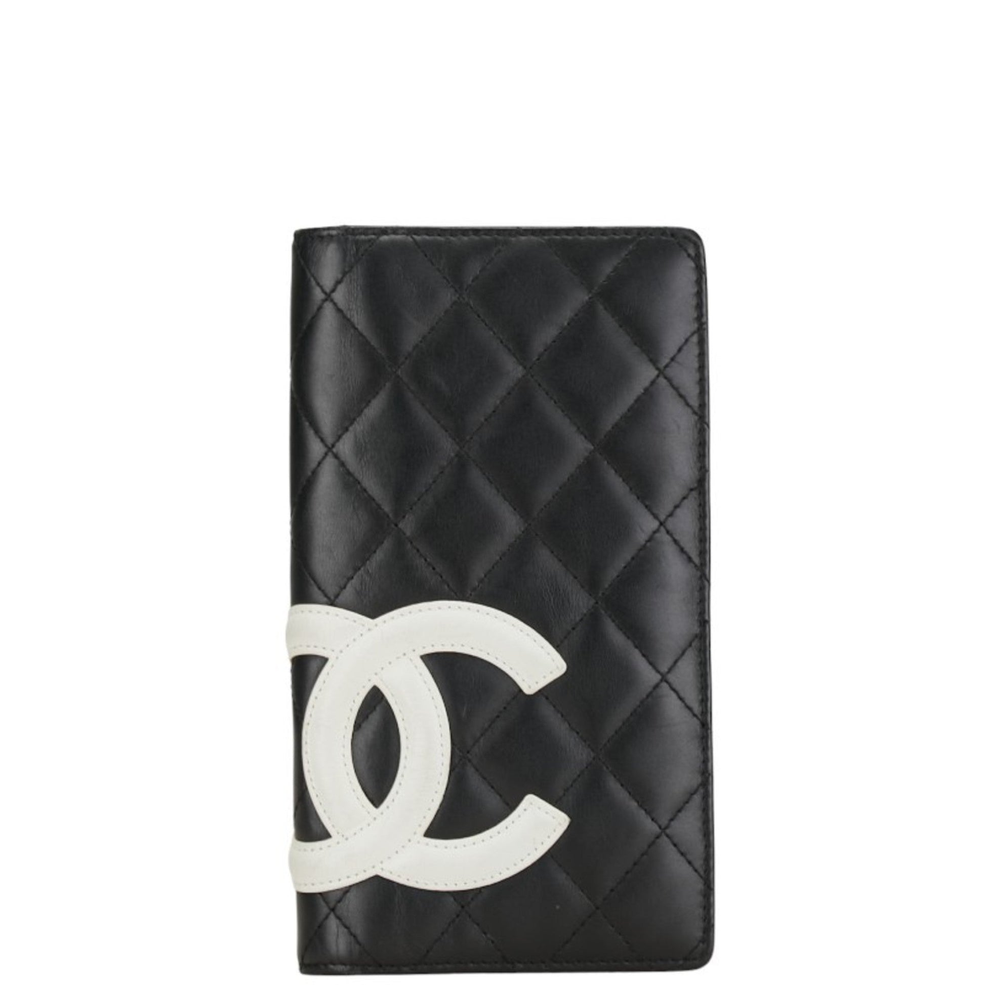Chanel Matelasse Cambon Line Coco Mark Long Wallet Black White Lambskin Women's CHANEL